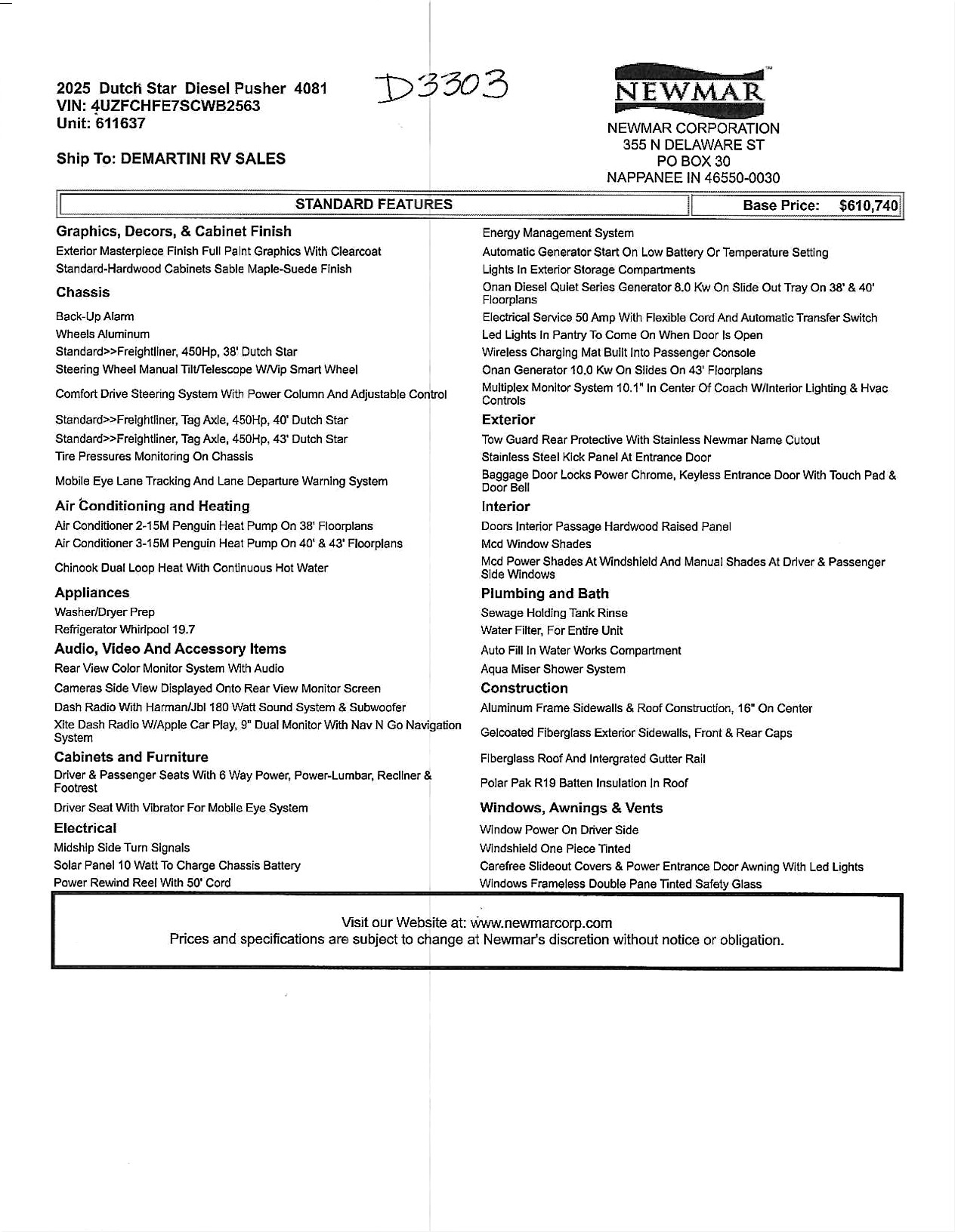 2025 Newmar Dutch Star 4081 MSRP Sheet