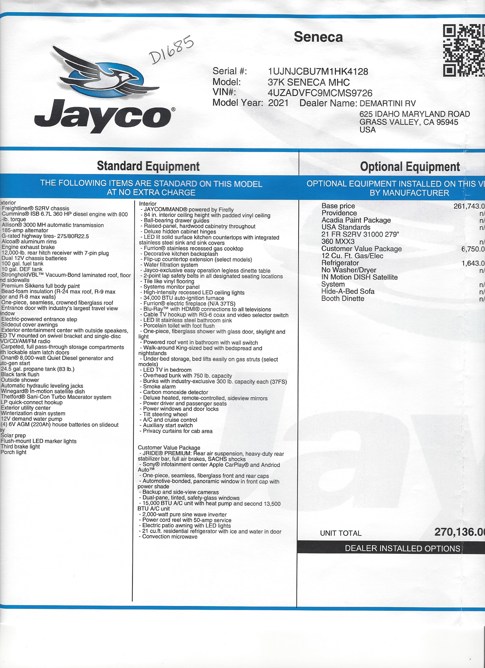 2021 Jayco Seneca 37K MSRP Sheet