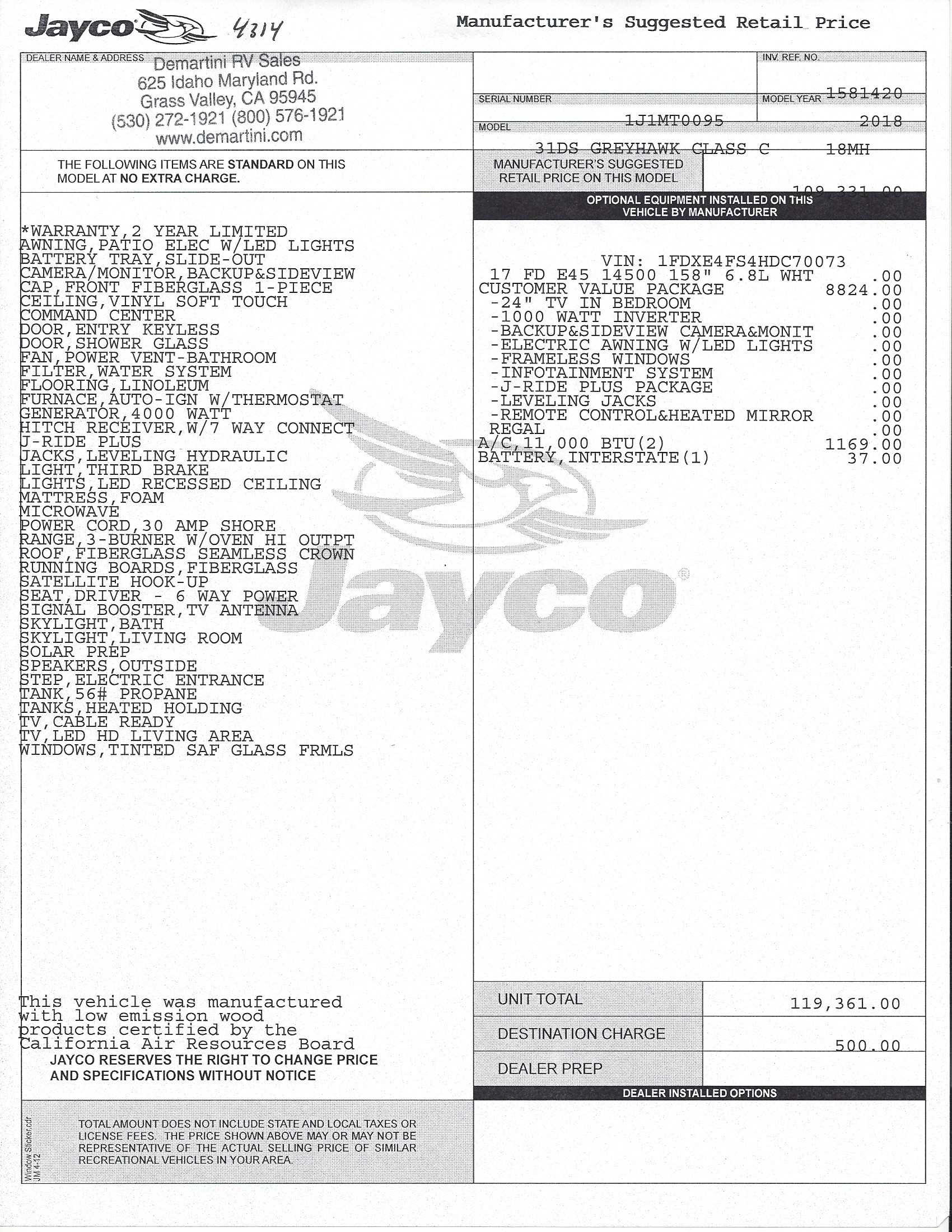2018 Jayco Greyhawk 31DS MSRP Sheet