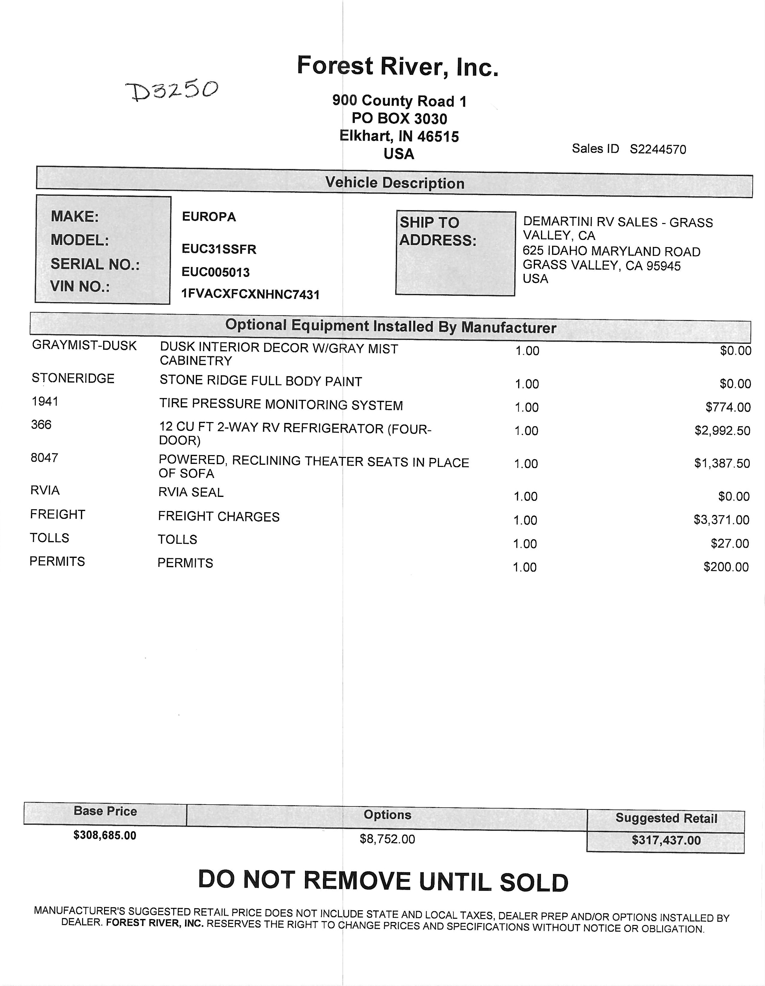 2022 Dynamax Europa 31SS MSRP Sheet
