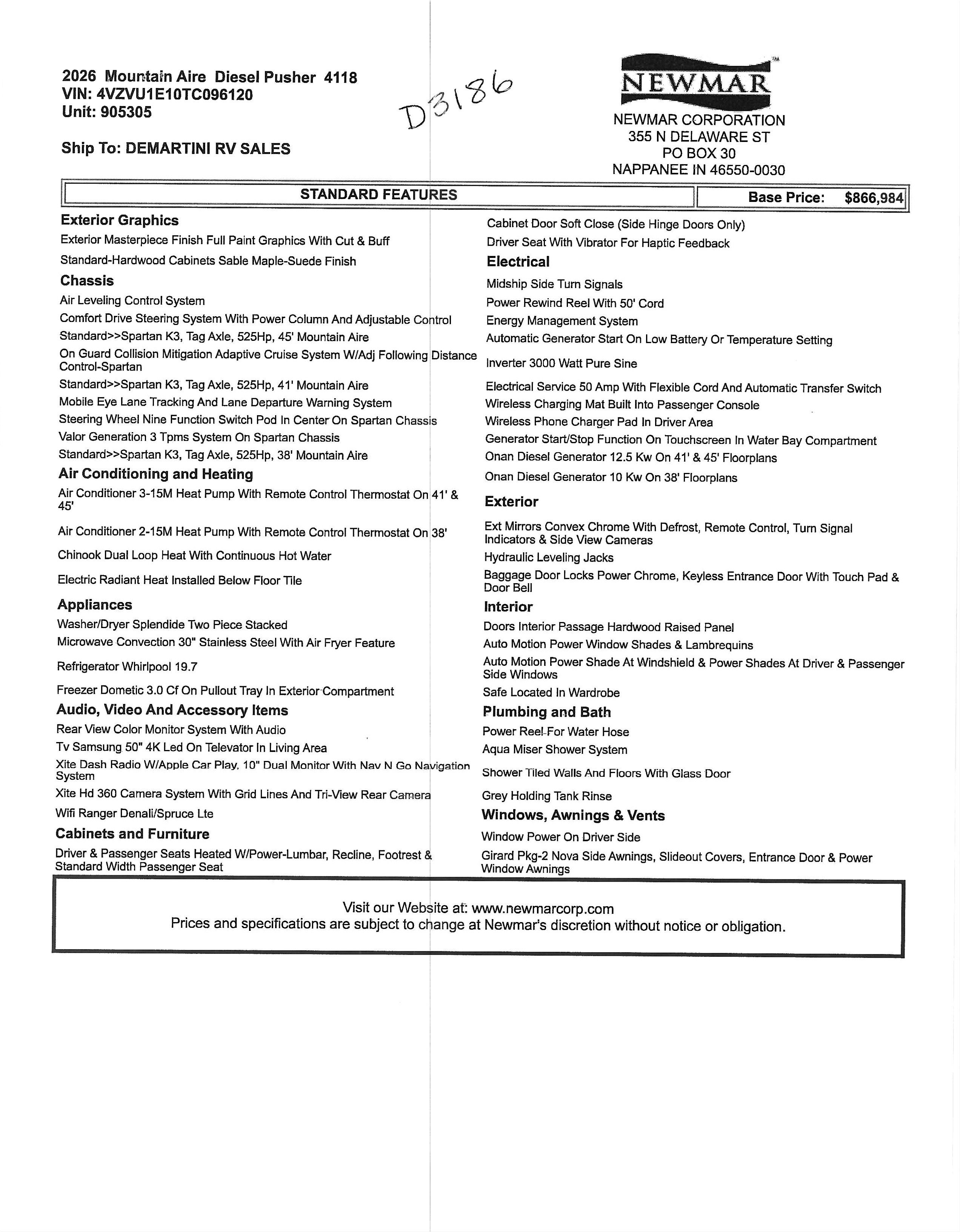 2016 Newmar Dutch Star 4002 MSRP Sheet