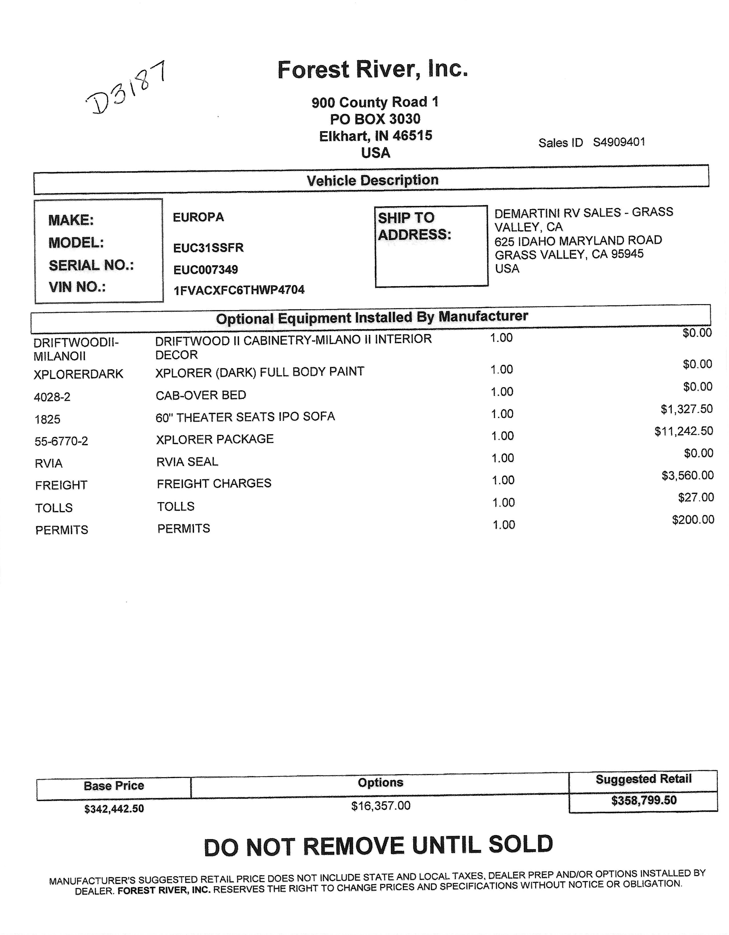 2016 Newmar Dutch Star 4002 MSRP Sheet