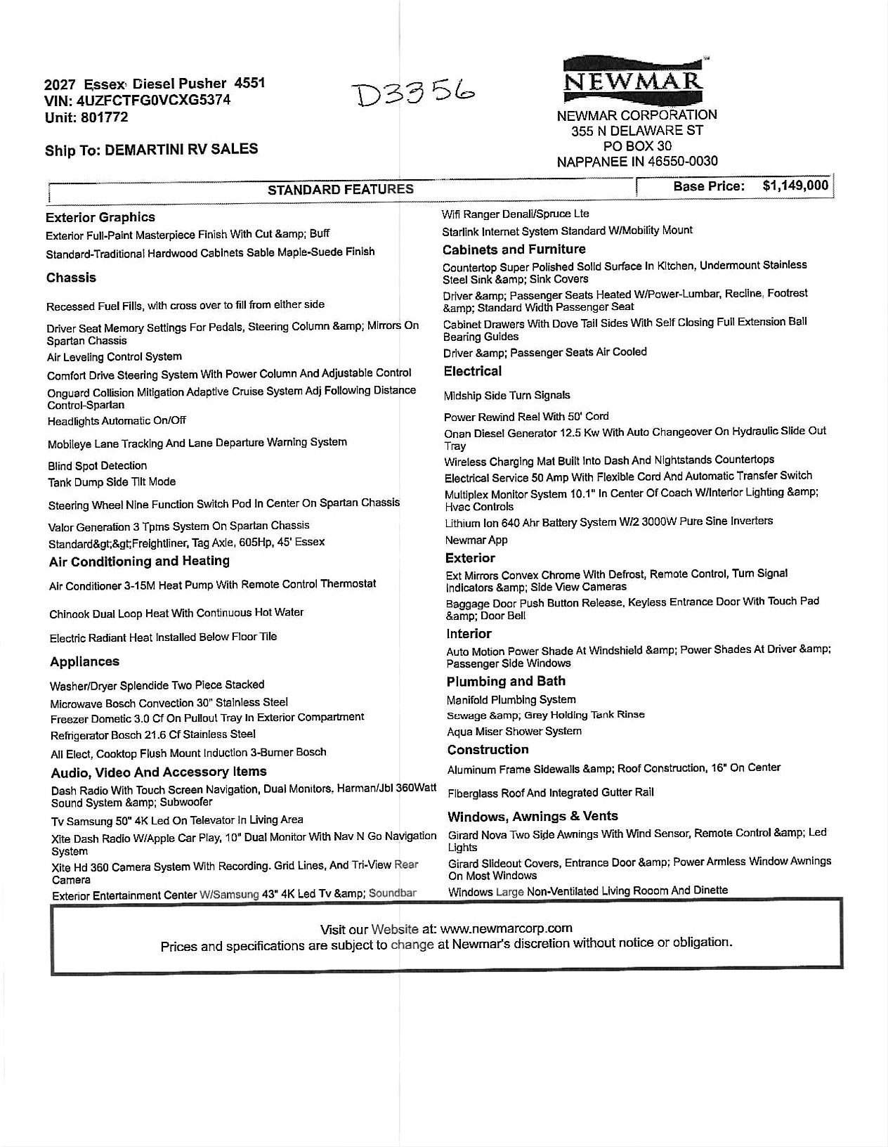 2027 Newmar Essex 4551 MSRP Sheet