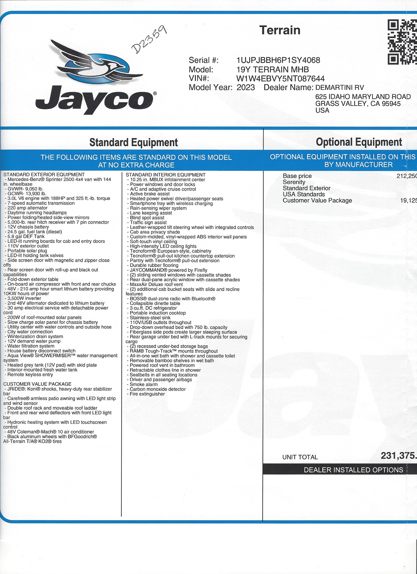 2023 Jayco Terrain 4x4 19Y MSRP Sheet