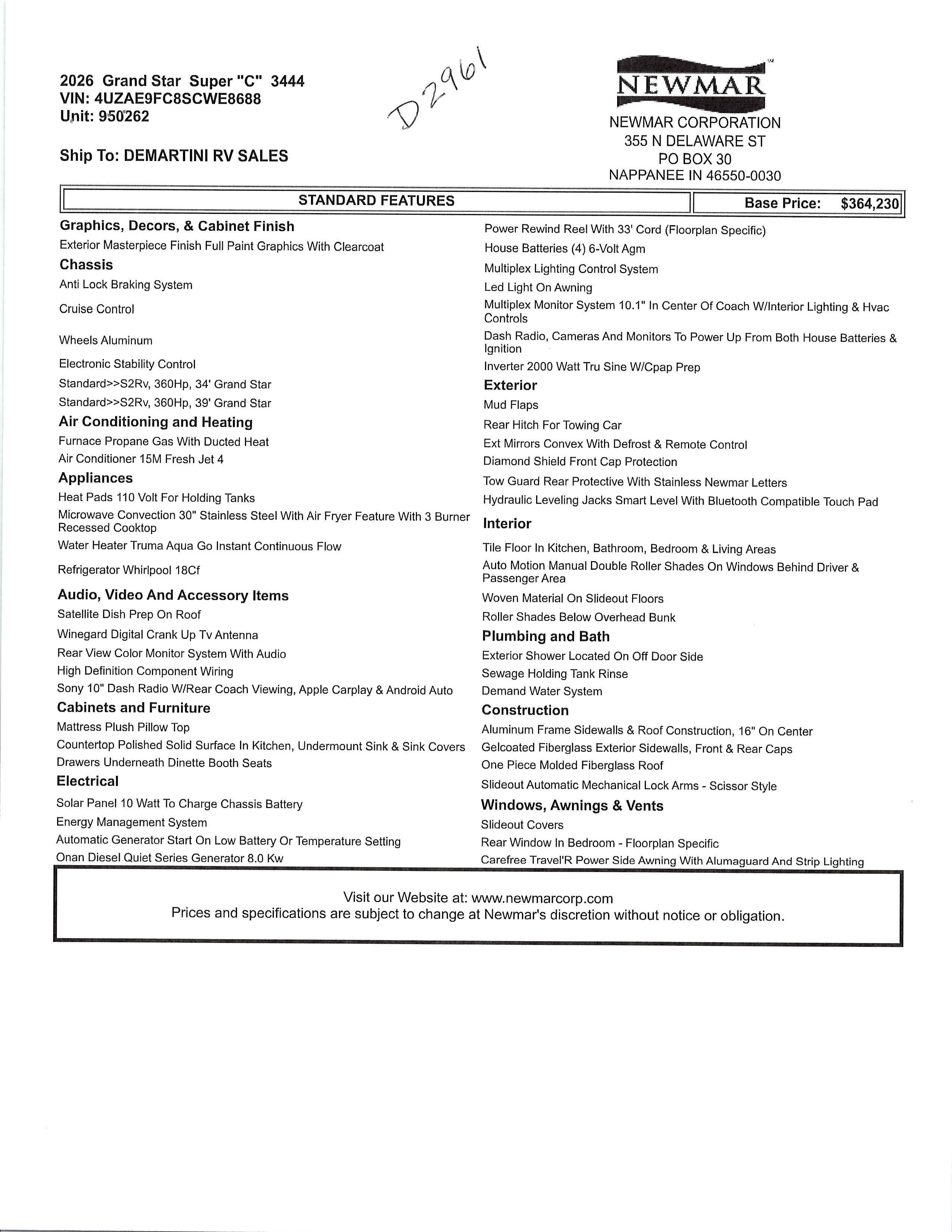 2026 Newmar Grand Star Super C 3444 MSRP Sheet