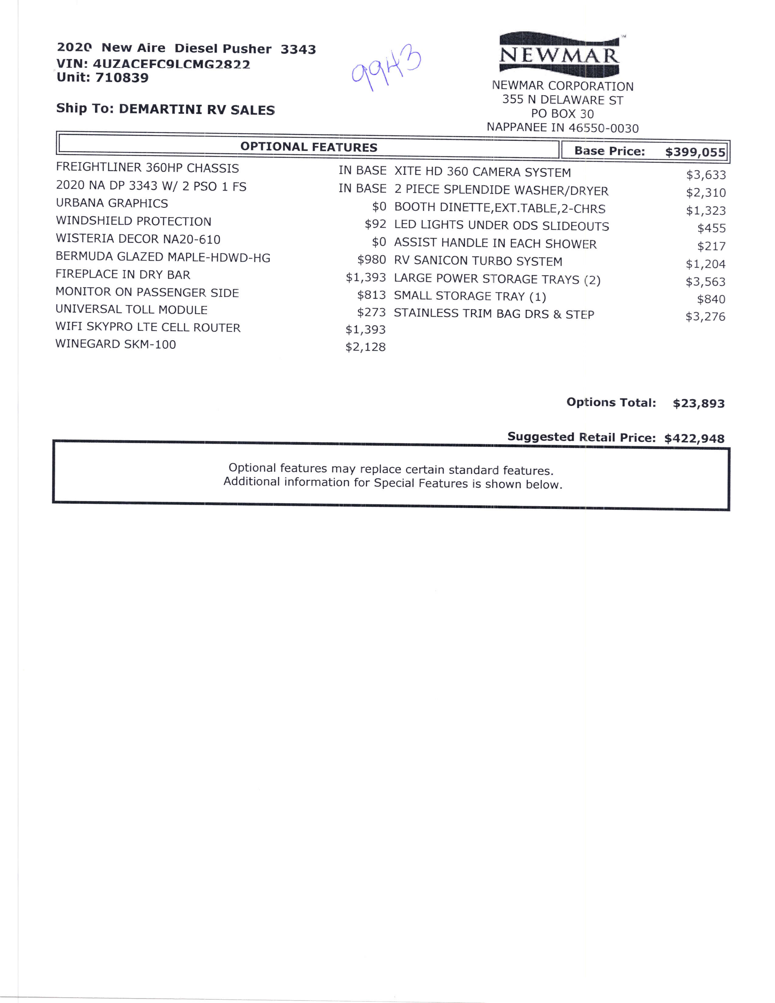 2020 Newmar New Aire 3343 MSRP Sheet