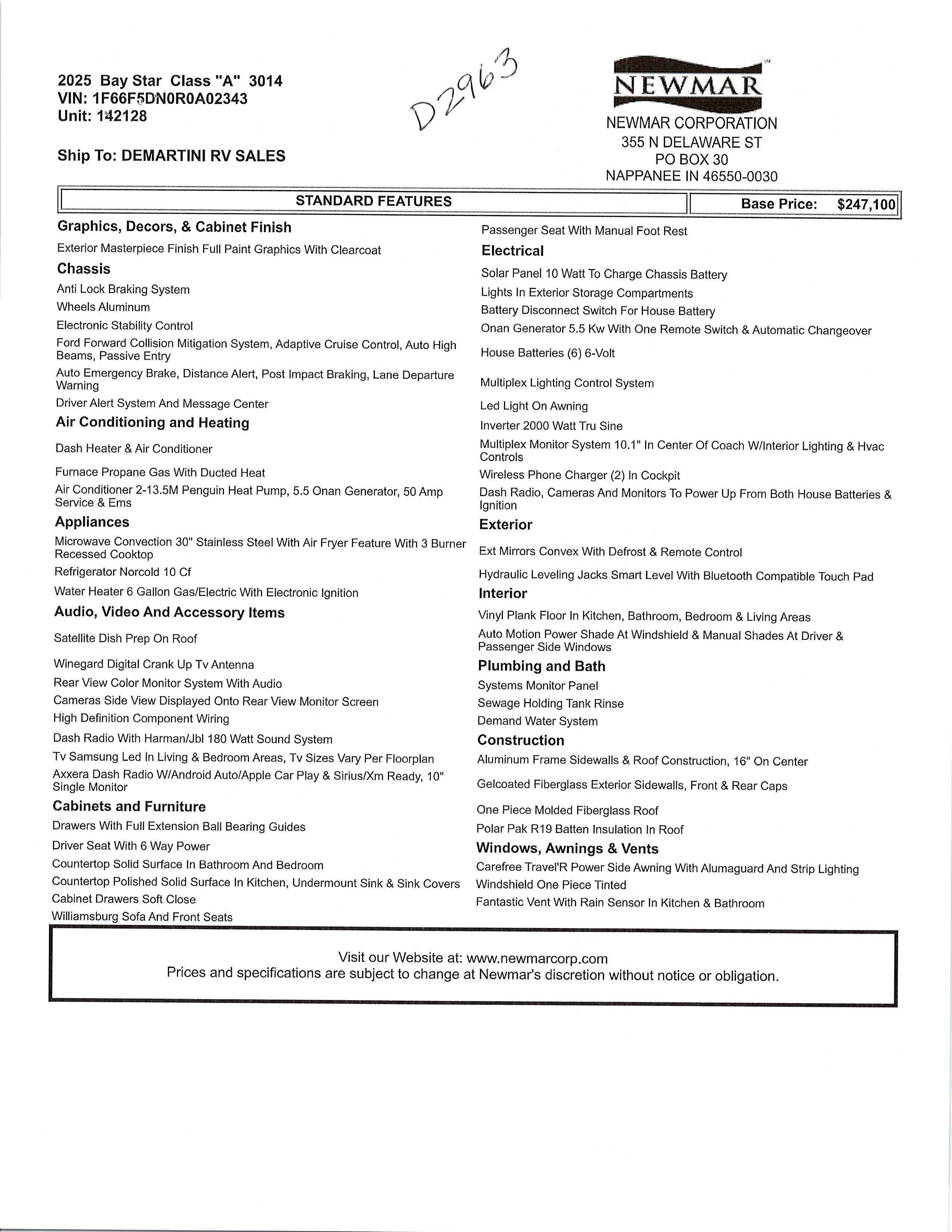 2025 Newmar Bay Star 3014 MSRP Sheet