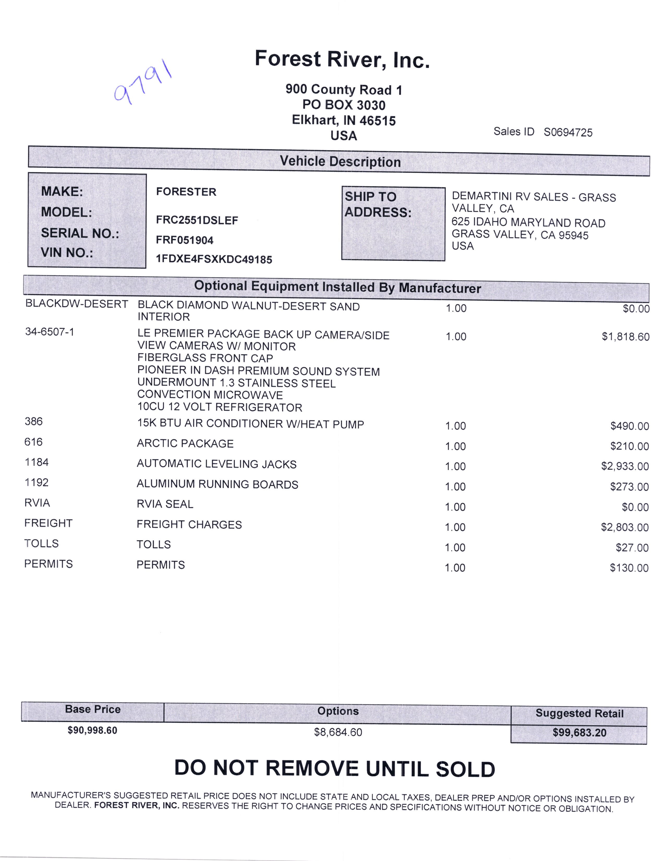 2020 Forest River Forester LE 2551DSLE MSRP Sheet