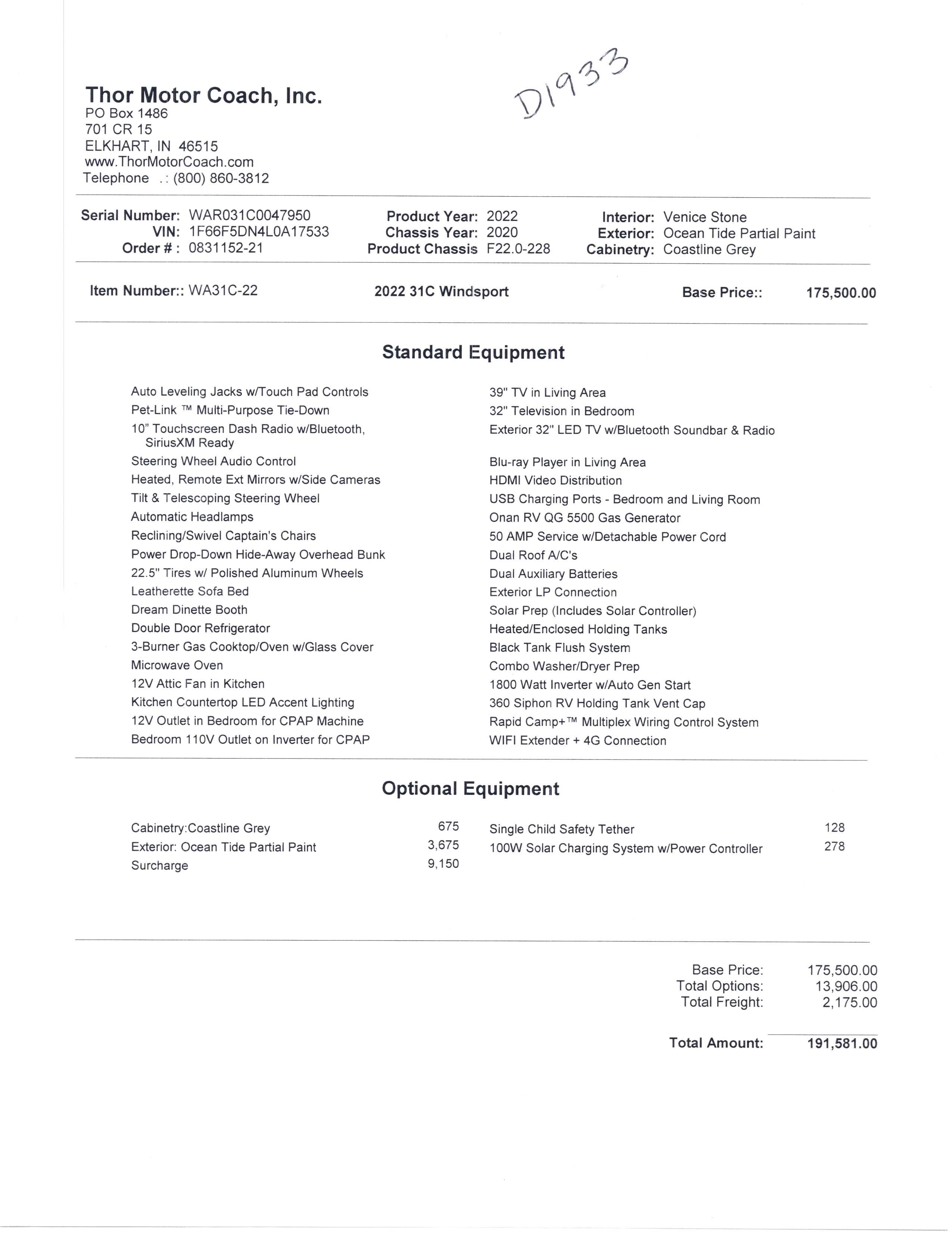 2022 Thor Windsport 31C MSRP Sheet