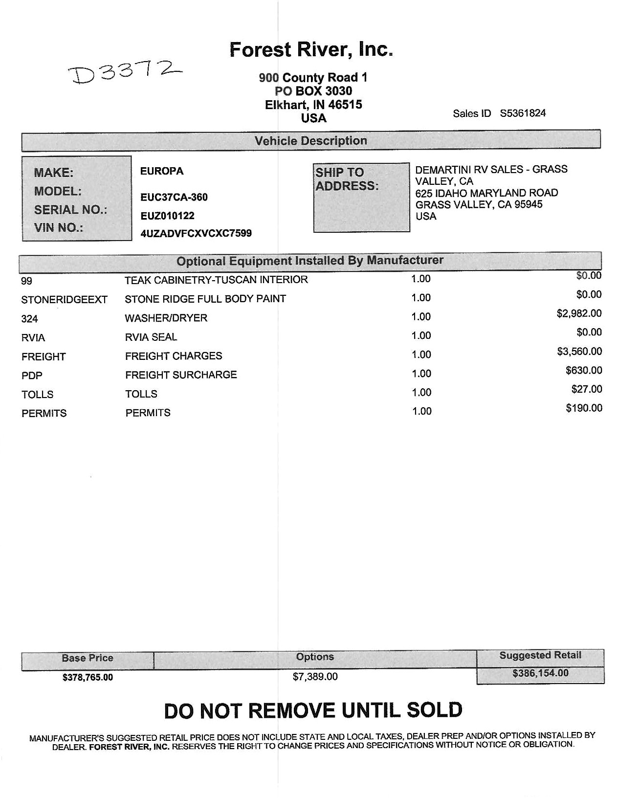 2027 Dynamax Europa S 37CA MSRP Sheet