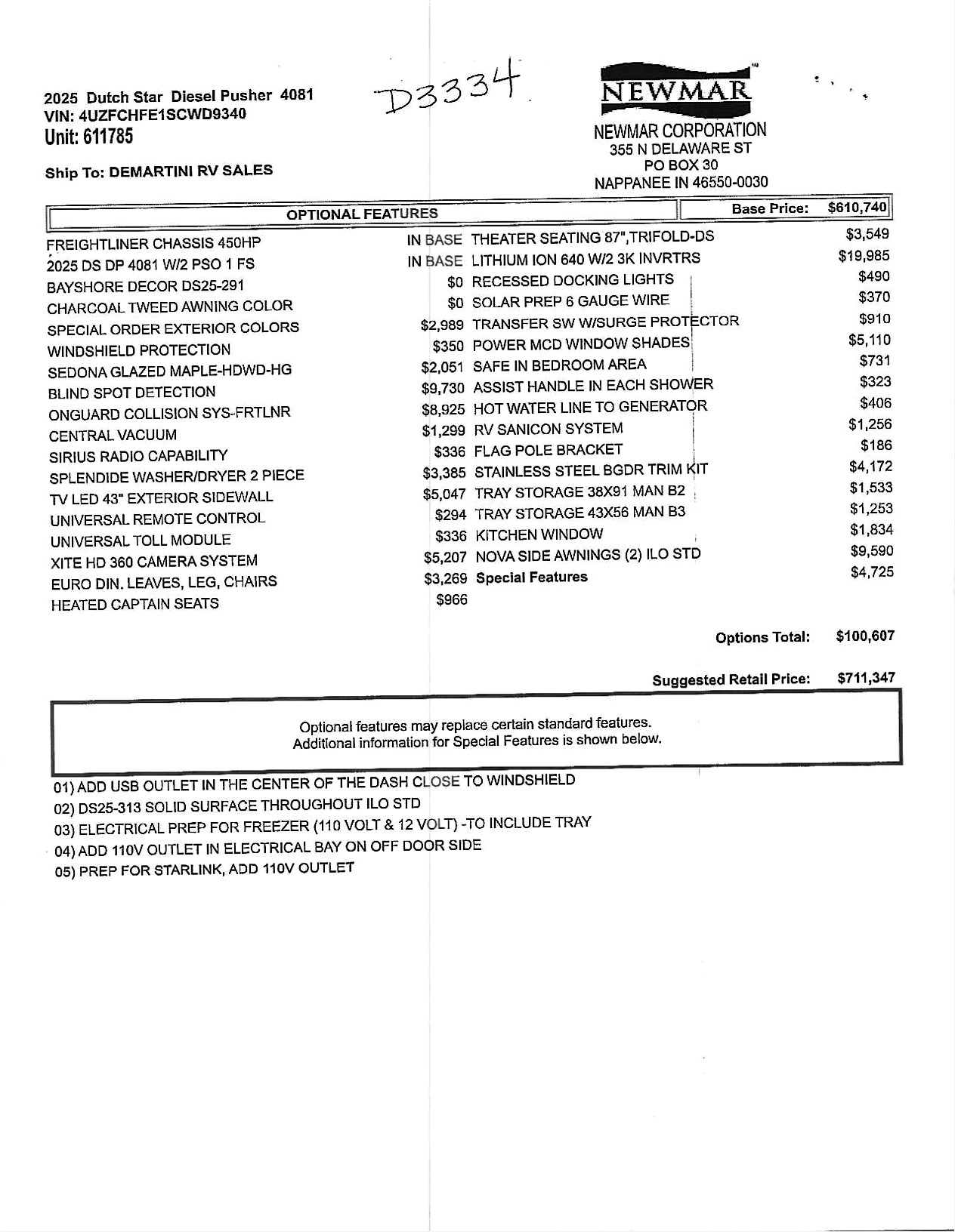 2025 Newmar Dutch Star 4081 MSRP Sheet
