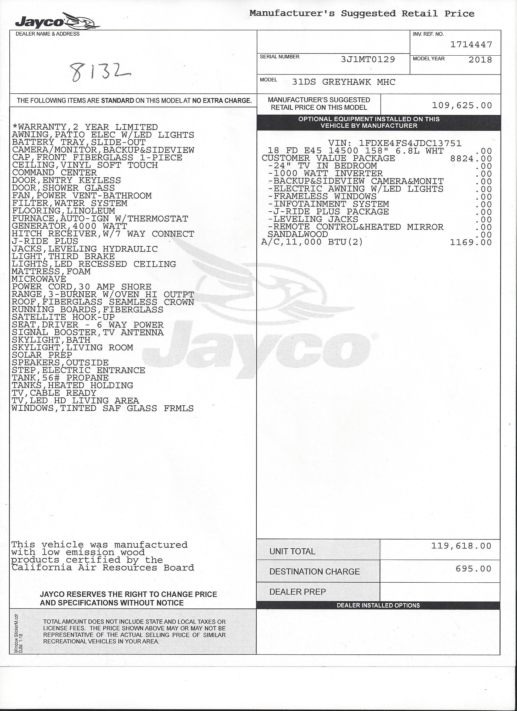 2018 Jayco Greyhawk 31DS MSRP Sheet