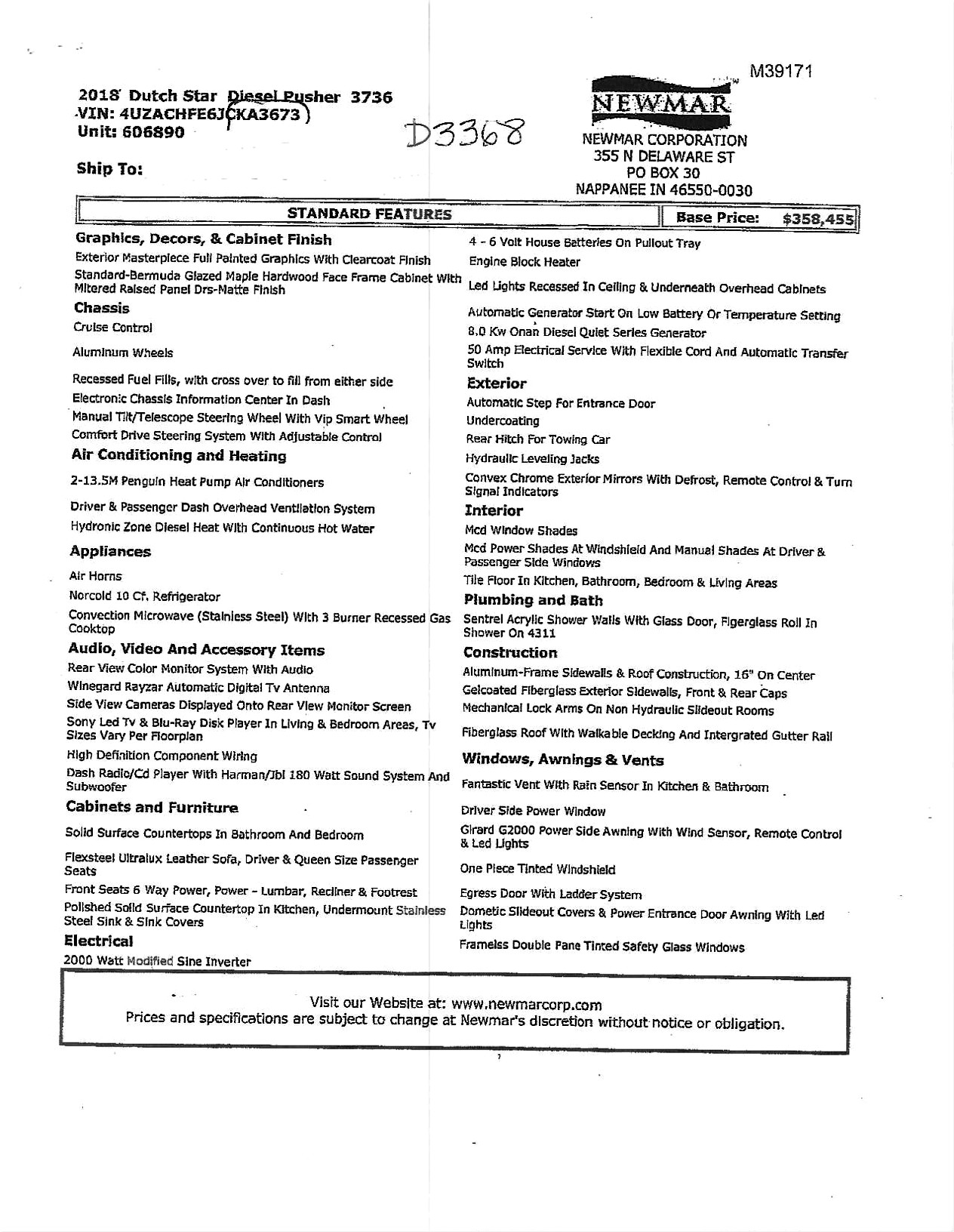 2018 Newmar Dutch Star 3736 MSRP Sheet