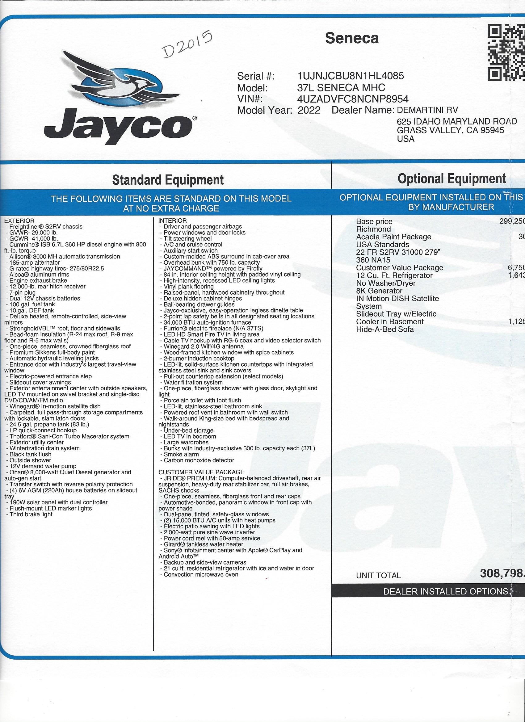 2022 Jayco Seneca 37L MSRP Sheet