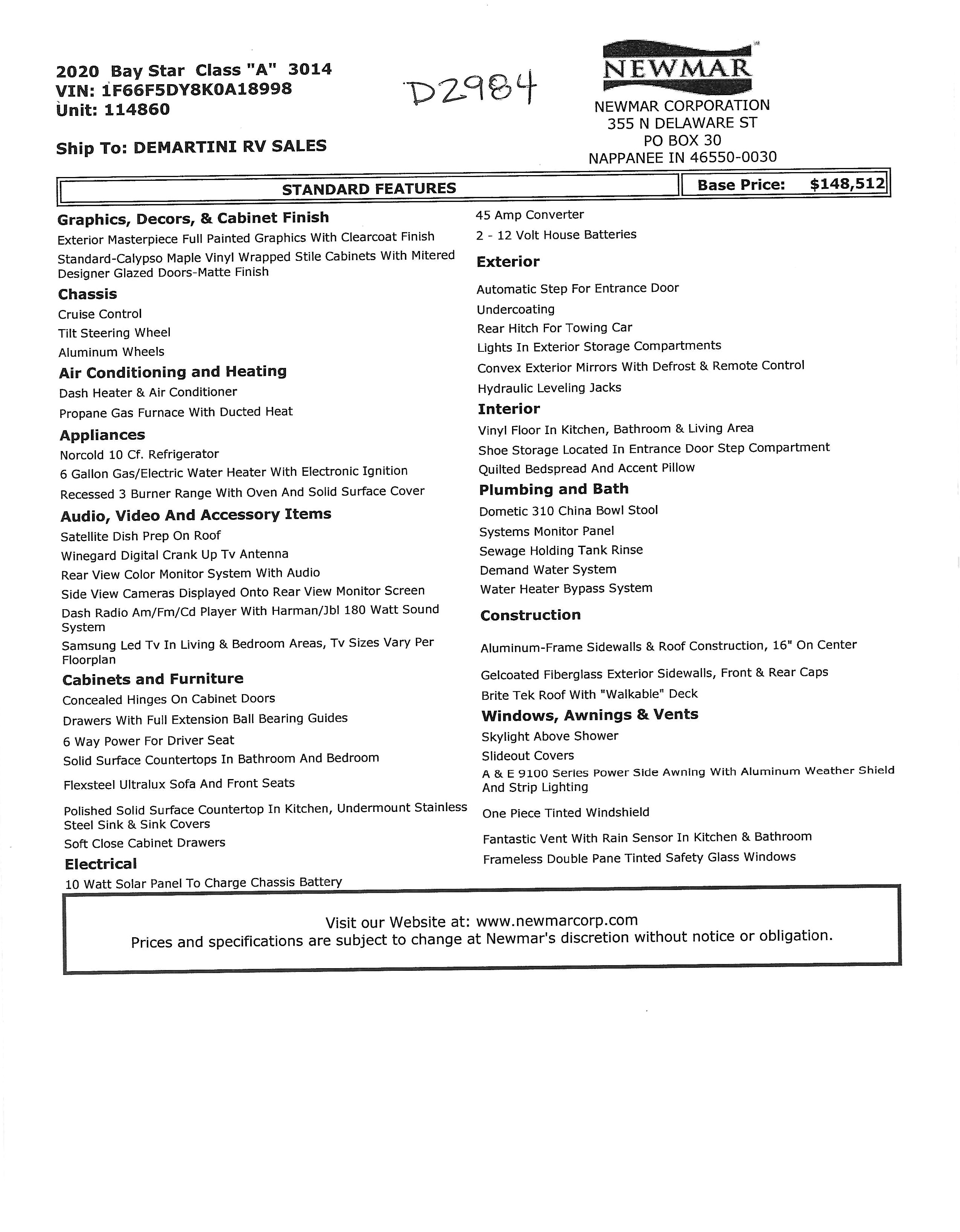 2016 Newmar Dutch Star 4002 MSRP Sheet