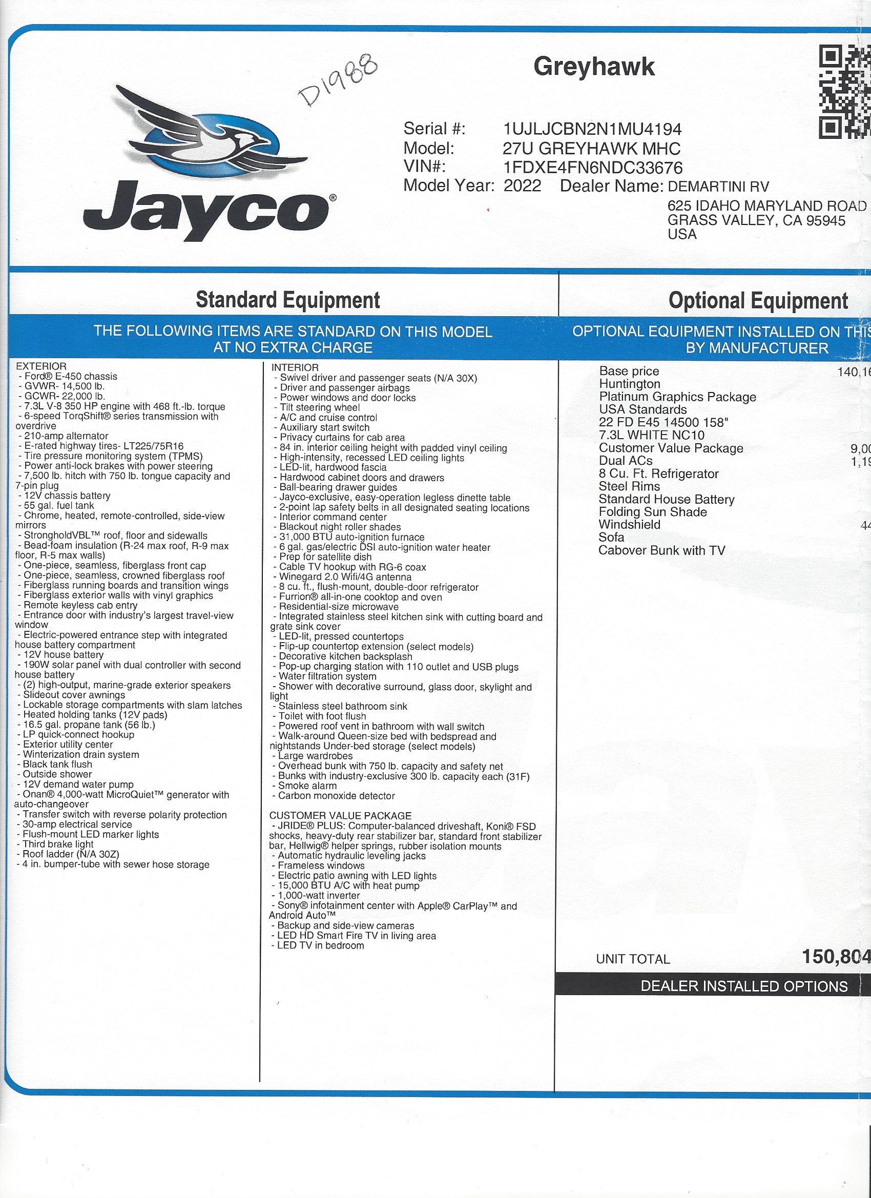 2022 Jayco Greyhawk 27U MSRP Sheet