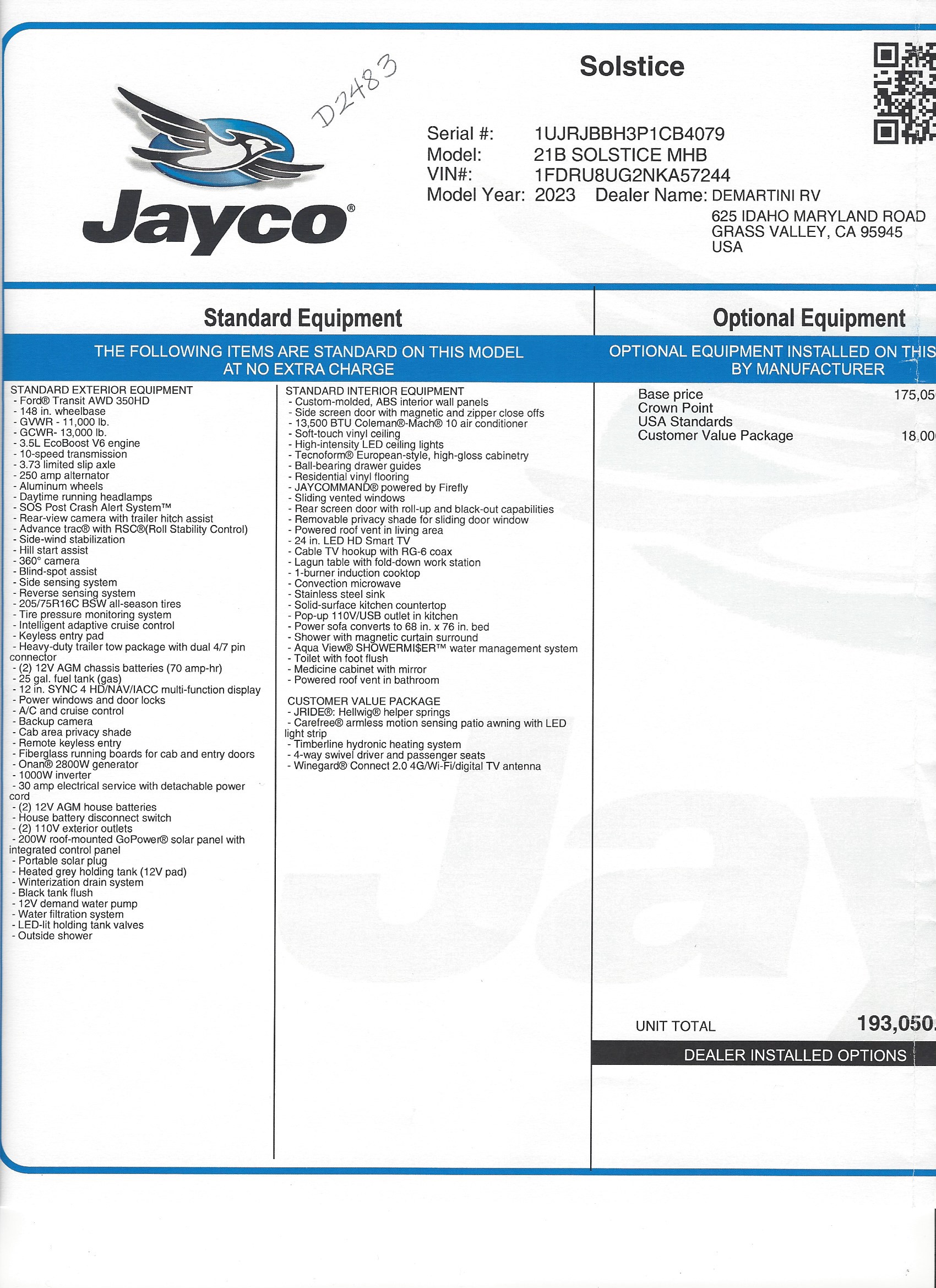 2023 Jayco Solstice AWD 21B MSRP Sheet