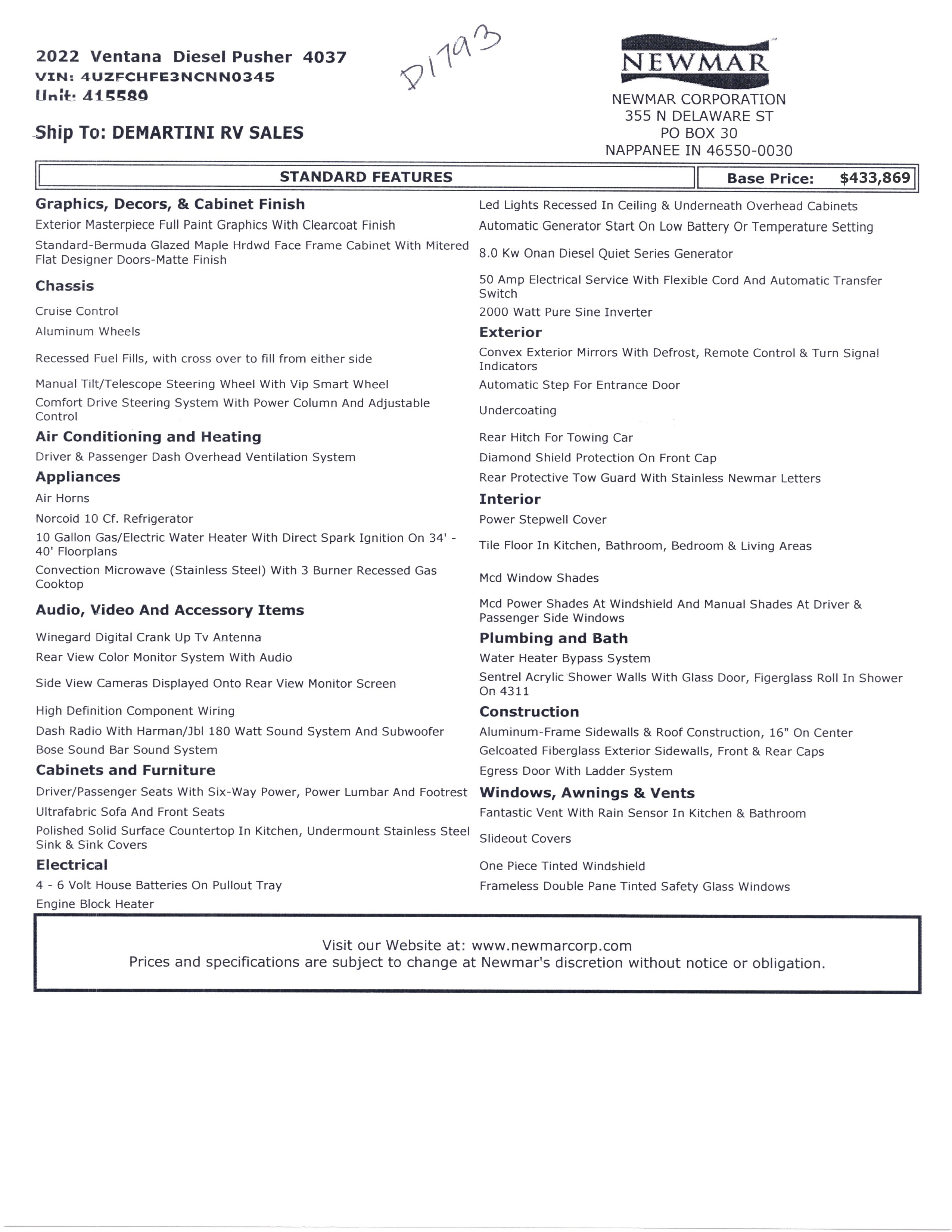 2022 Newmar Ventana 4037 MSRP Sheet