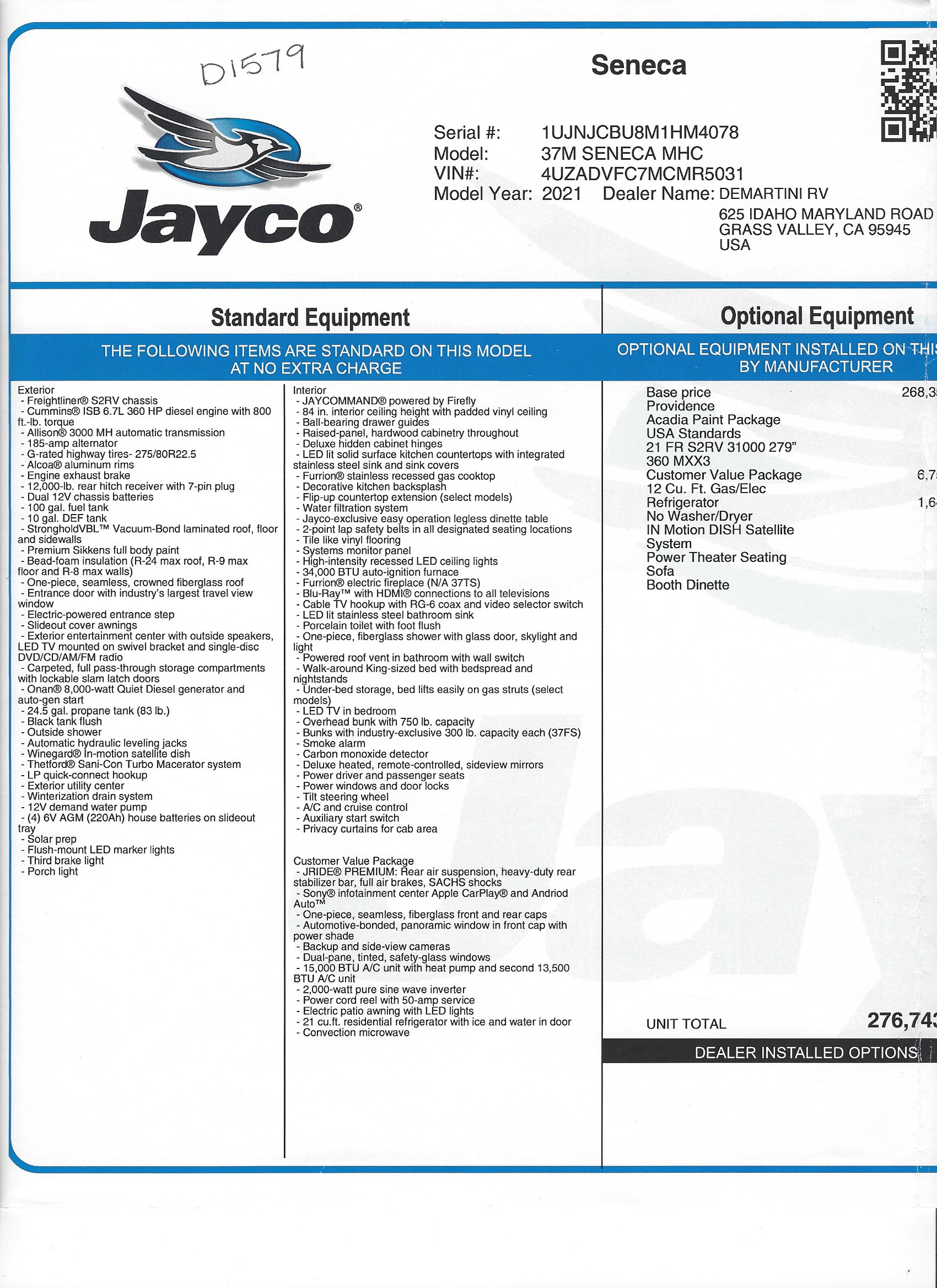 2021 Jayco Seneca 37M MSRP Sheet