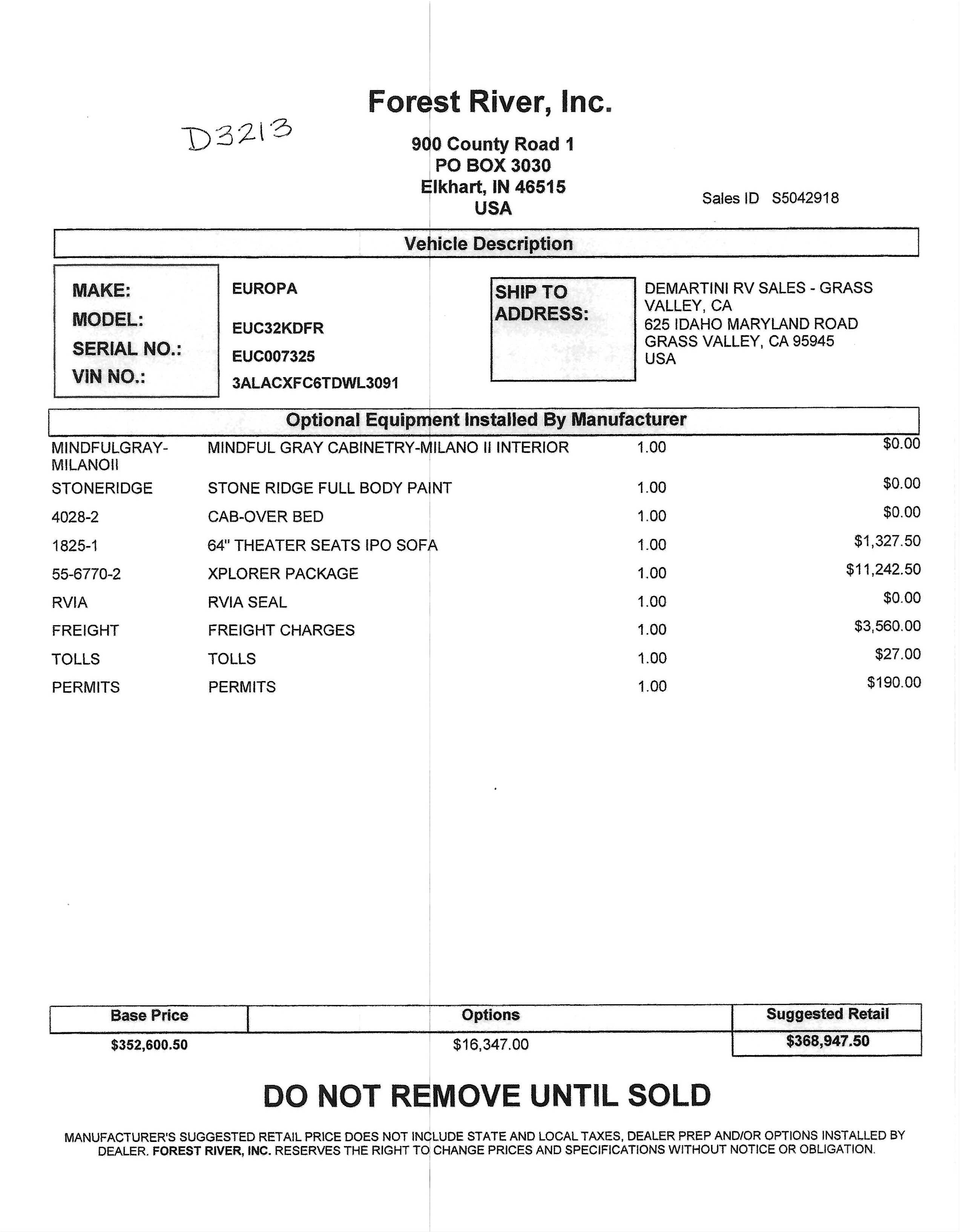 2026 Europa Dynamax 32KD with Xplorer Package MSRP Sheet