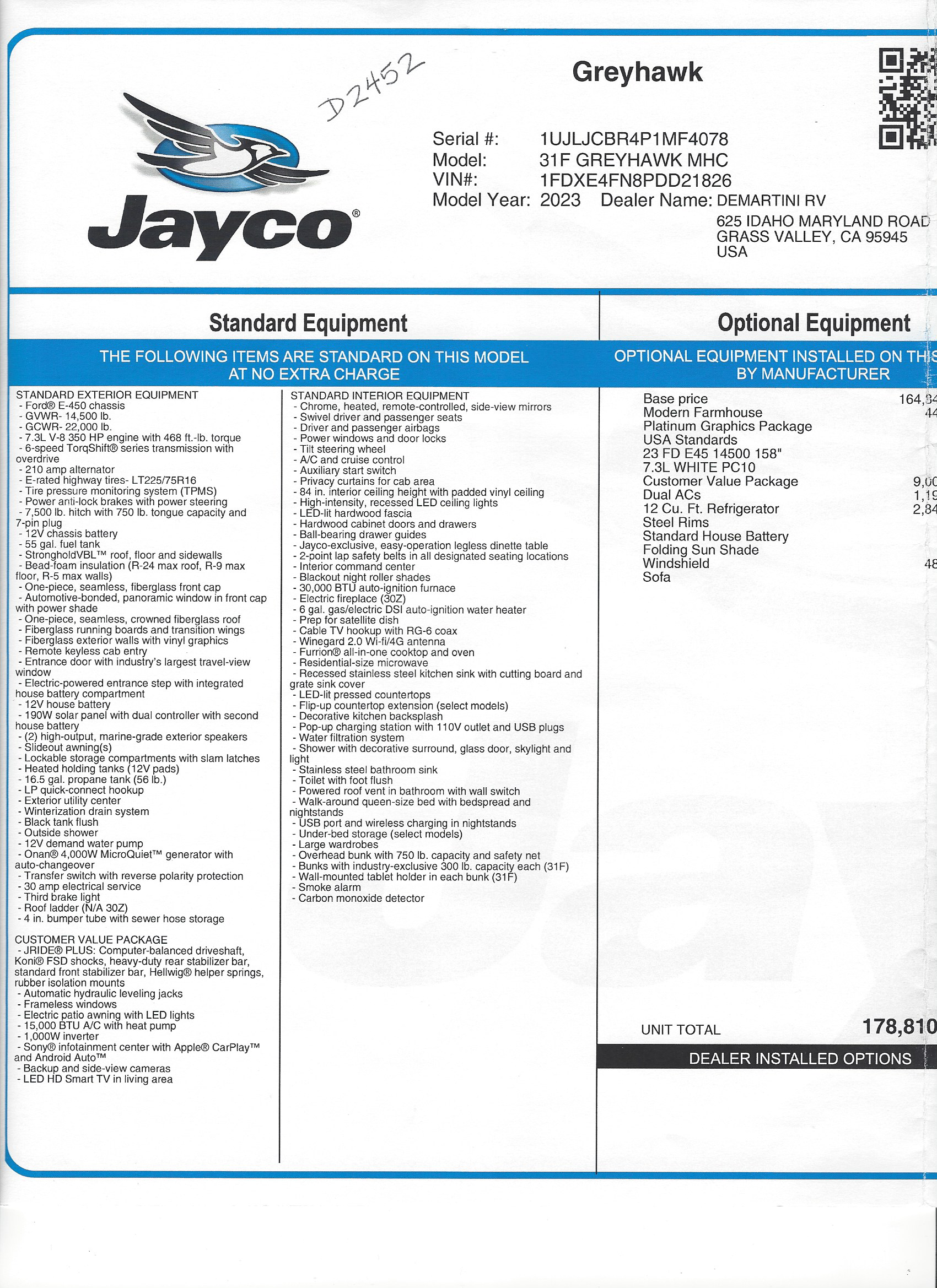 2023 Jayco Greyhawk 31F MSRP Sheet