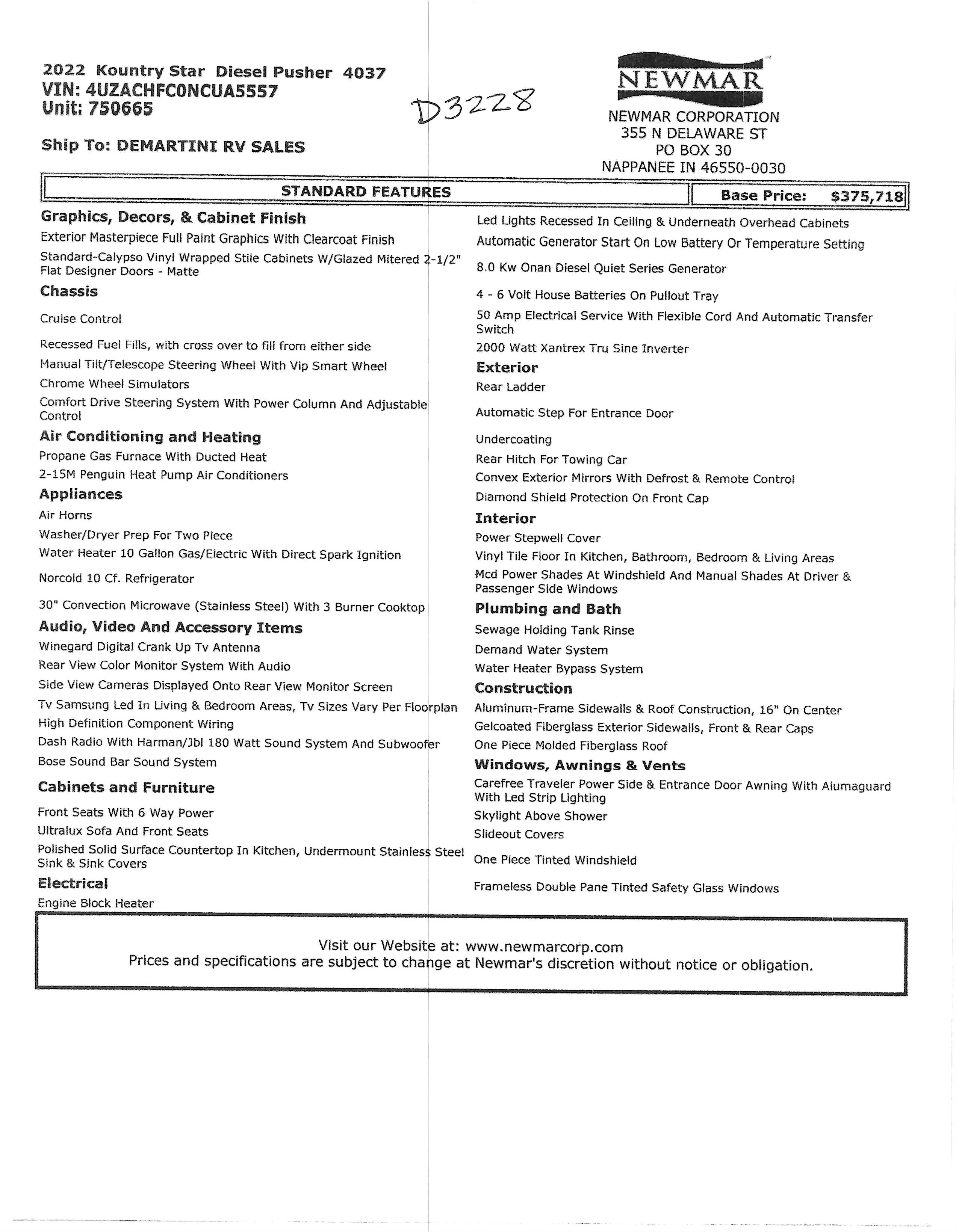 2022 Newmar Kountry Star 4037 MSRP Sheet