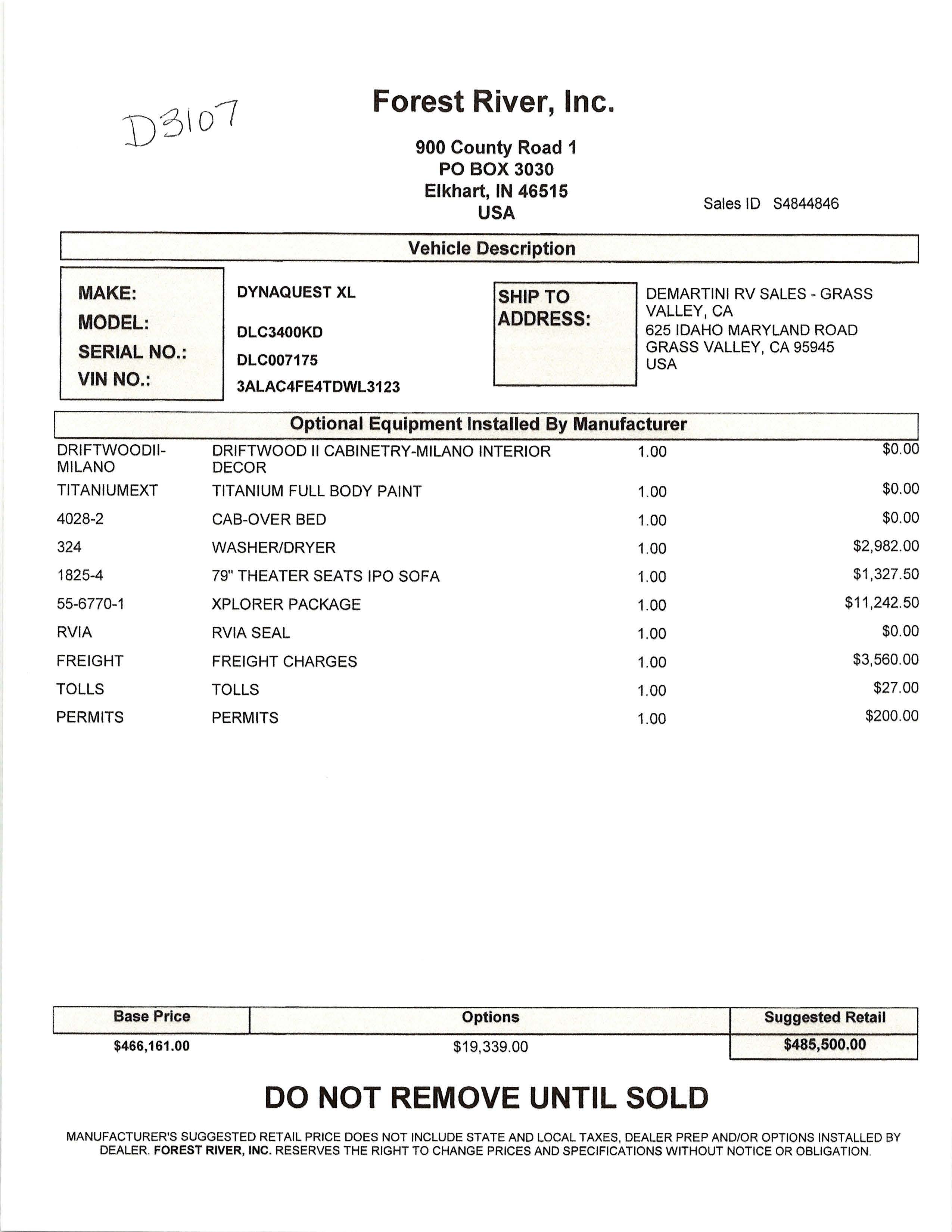 2026 Dynamax Dynaquest XL 3400KD MSRP Sheet