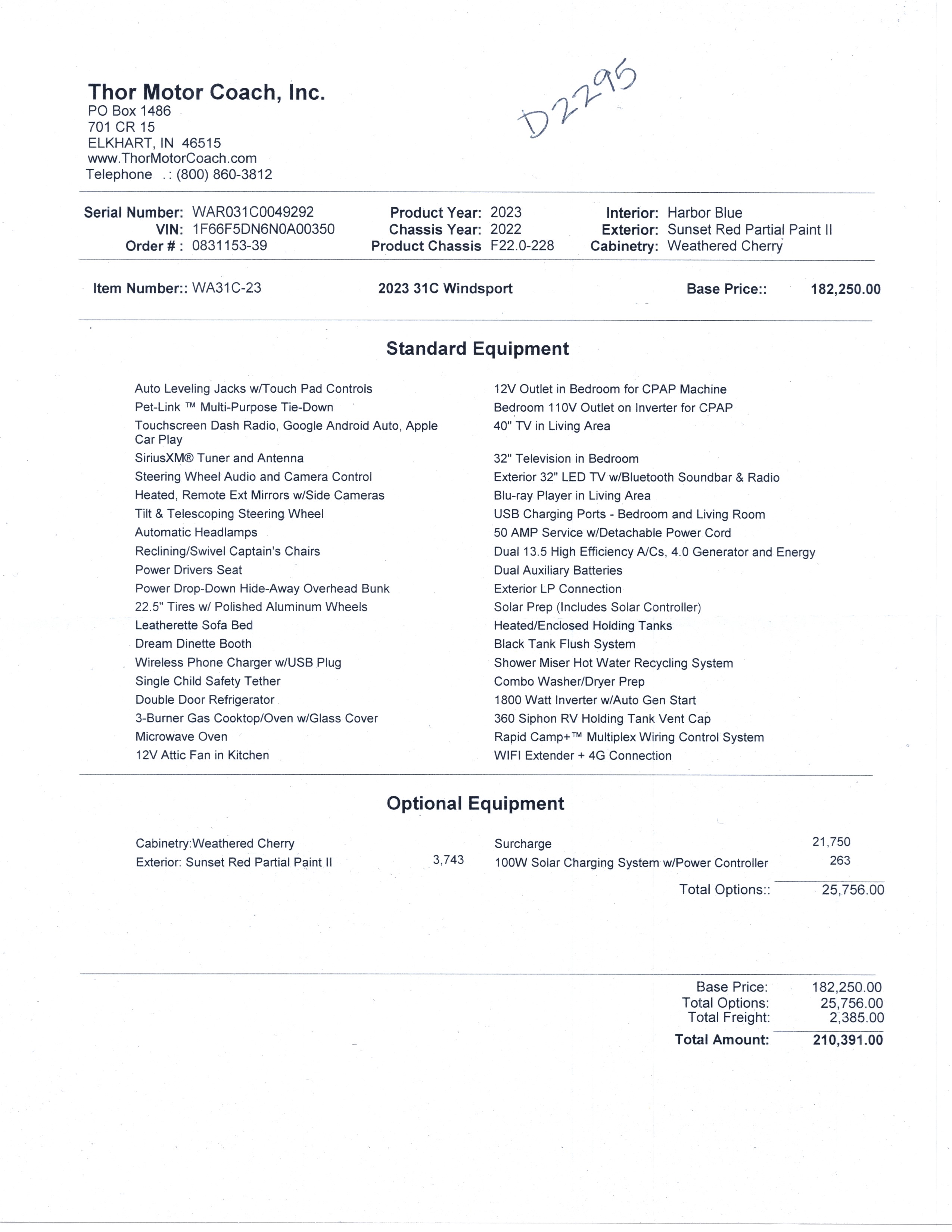 2023 Thor Windsport 31C MSRP Sheet