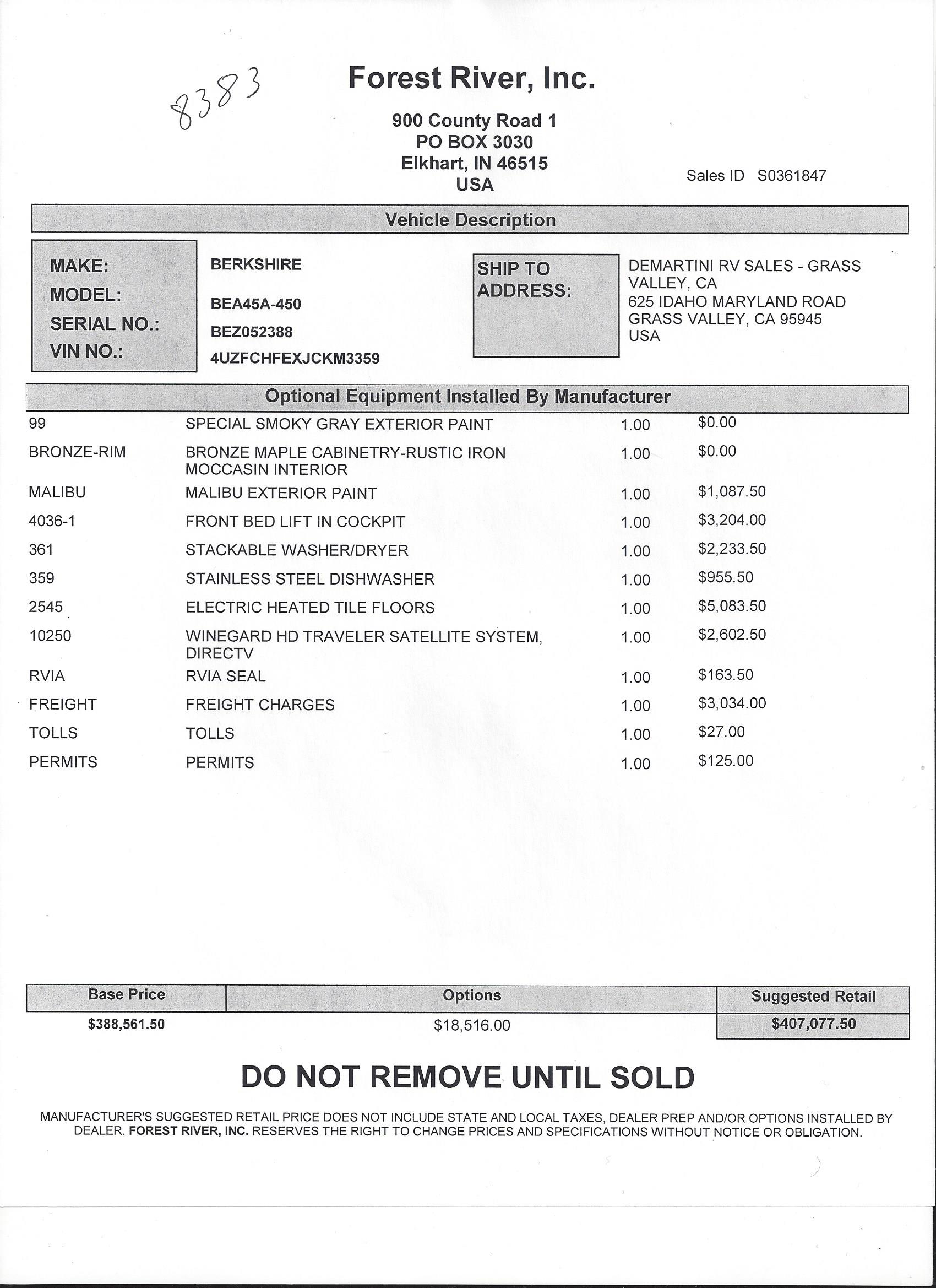 2019 Forest River Berkshire XLT 45A MSRP Sheet