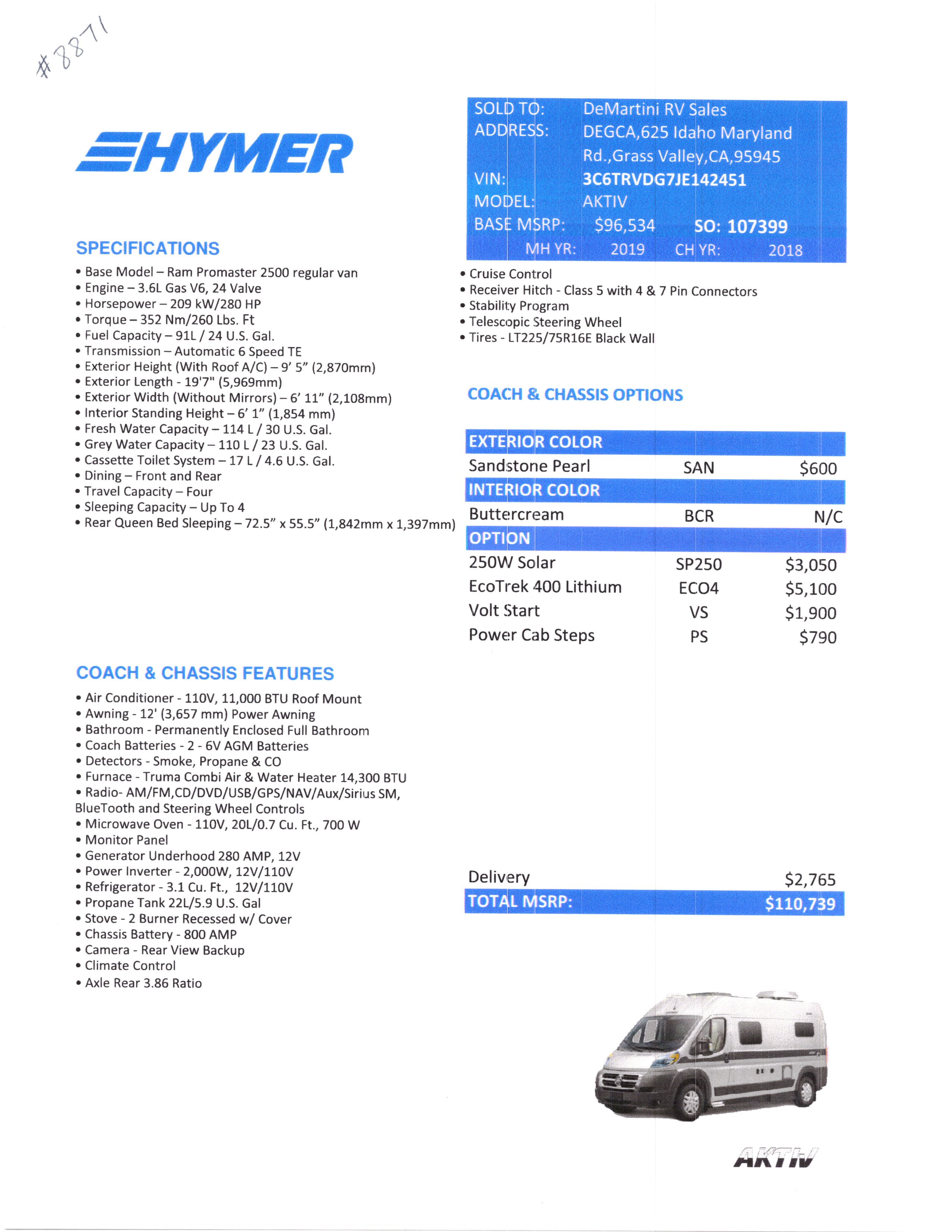 2019 Hymer Aktiv MSRP Sheet