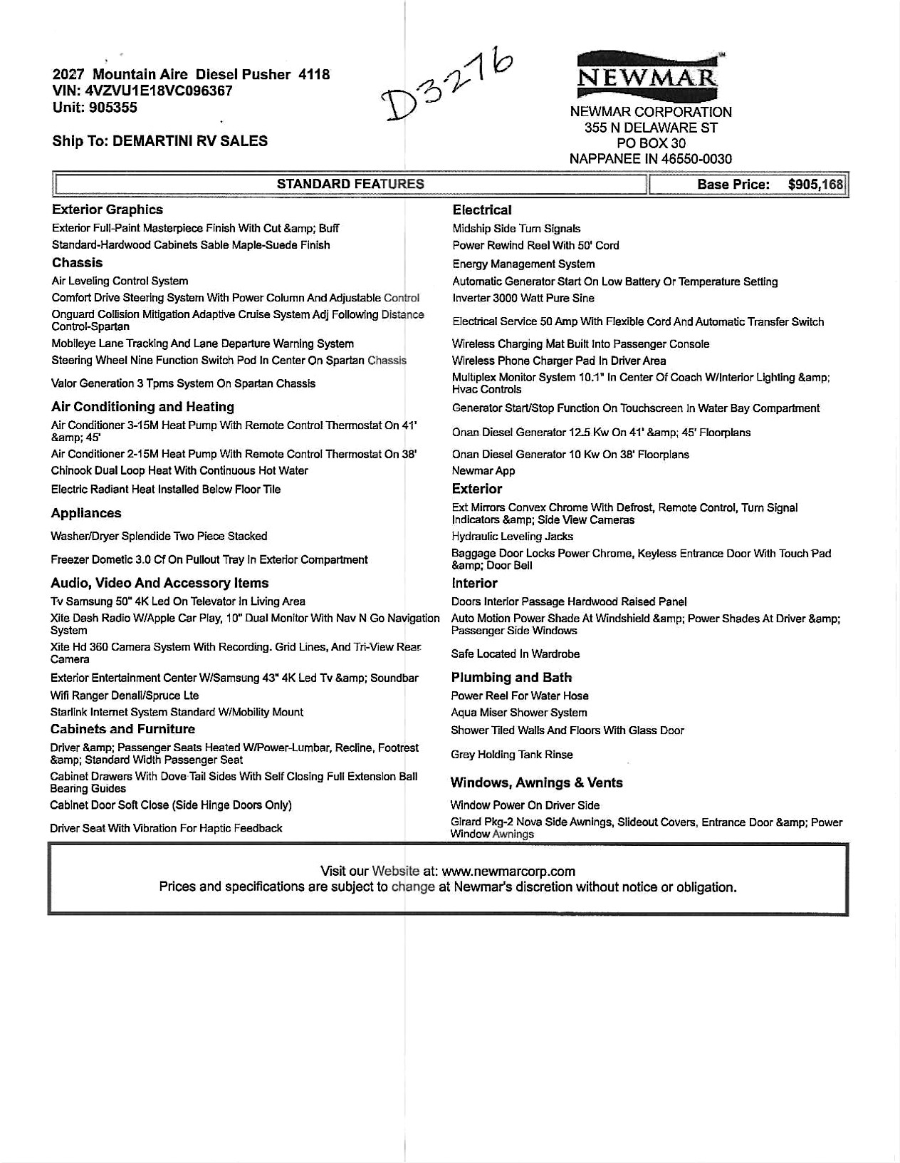 2027 Newmar Mountain Aire 4118 MSRP Sheet