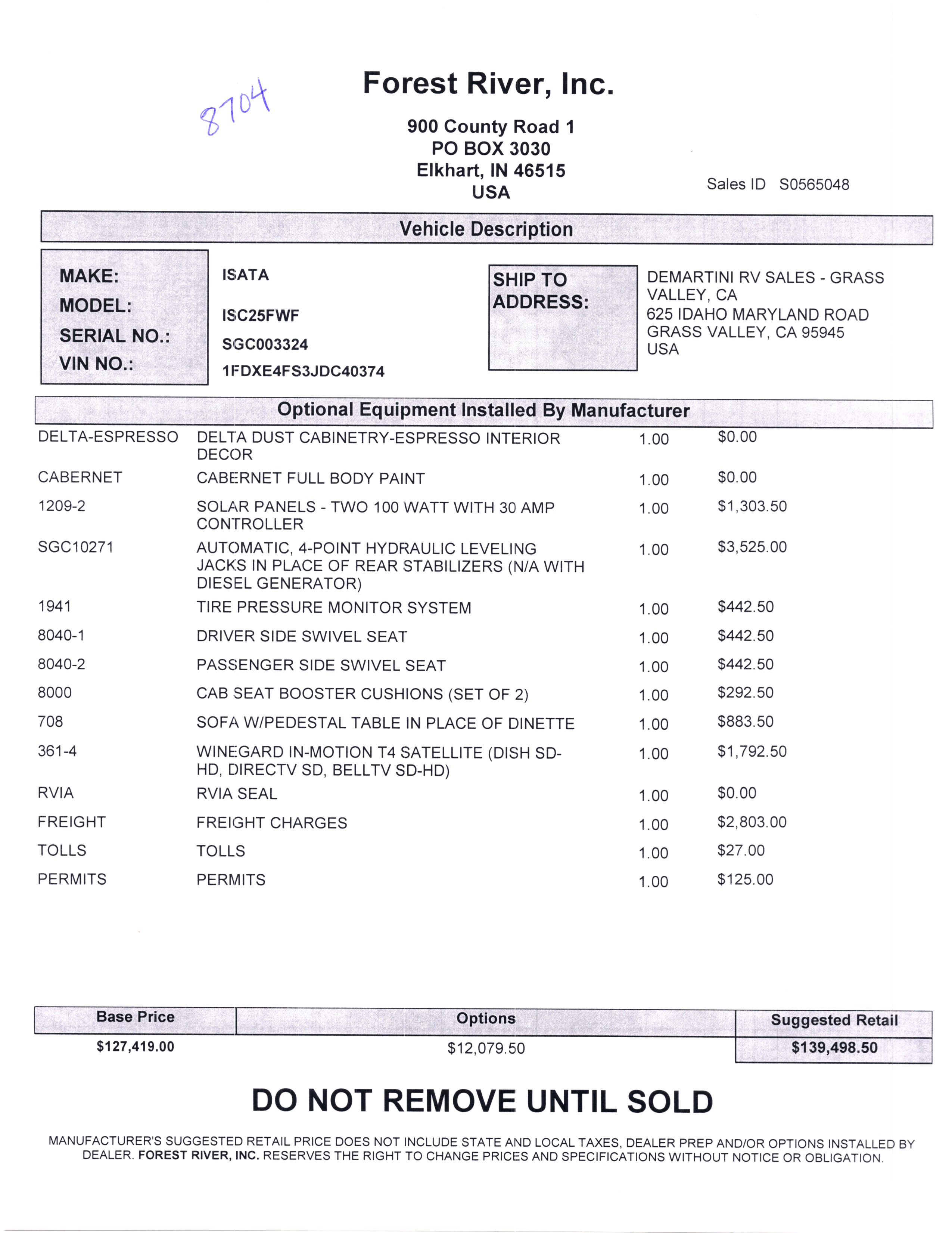 2020 Dynamax Isata 4 25FW MSRP Sheet