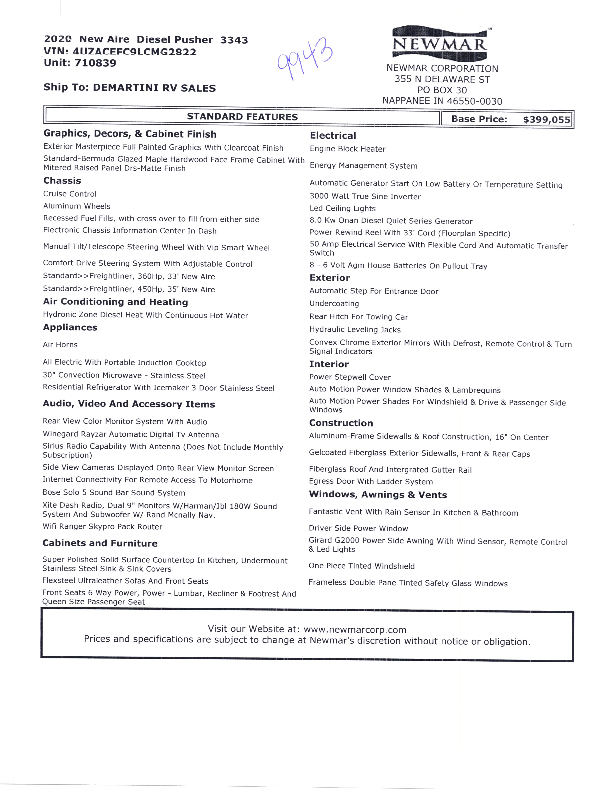 2020 Newmar New Aire 3343 MSRP Sheet