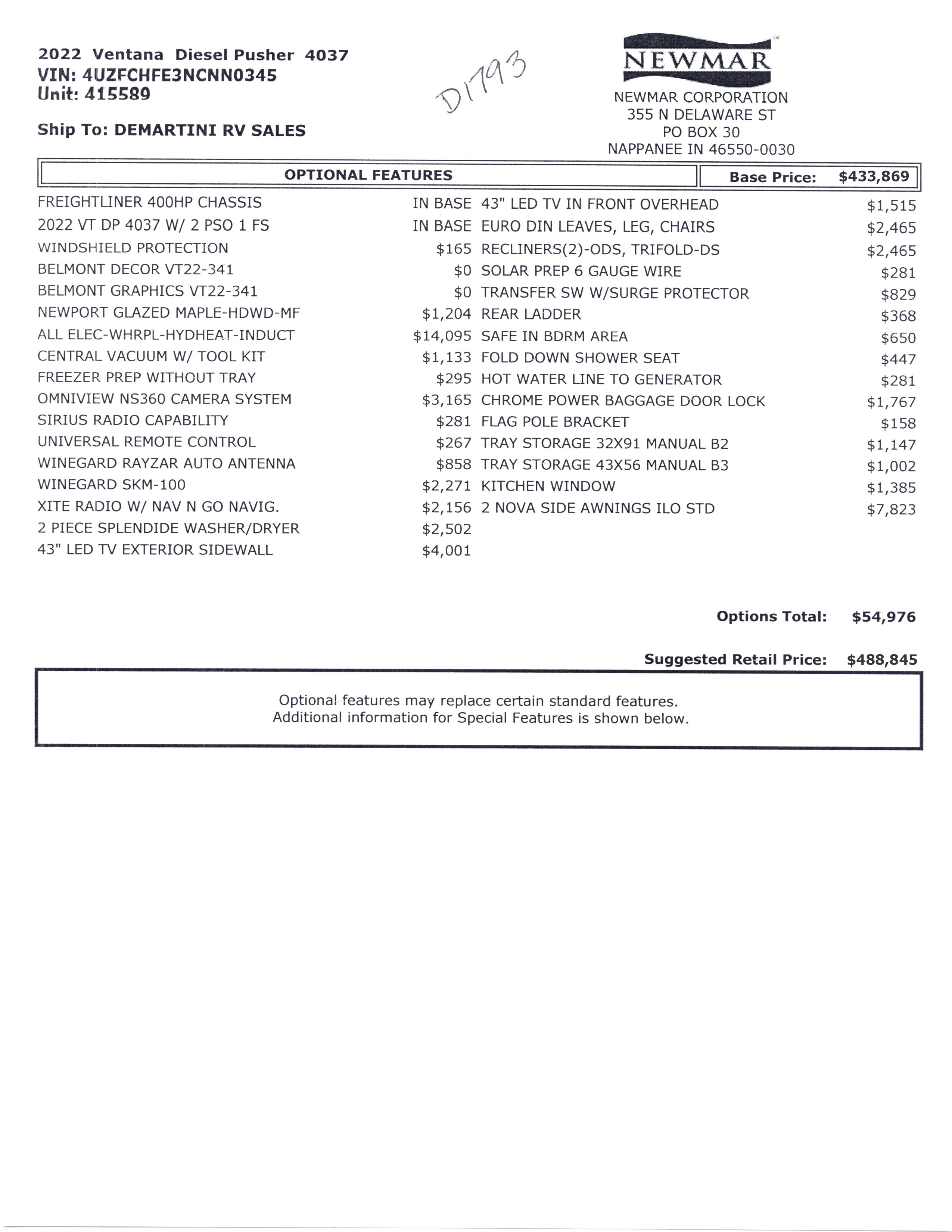 2022 Newmar Ventana 4037 MSRP Sheet