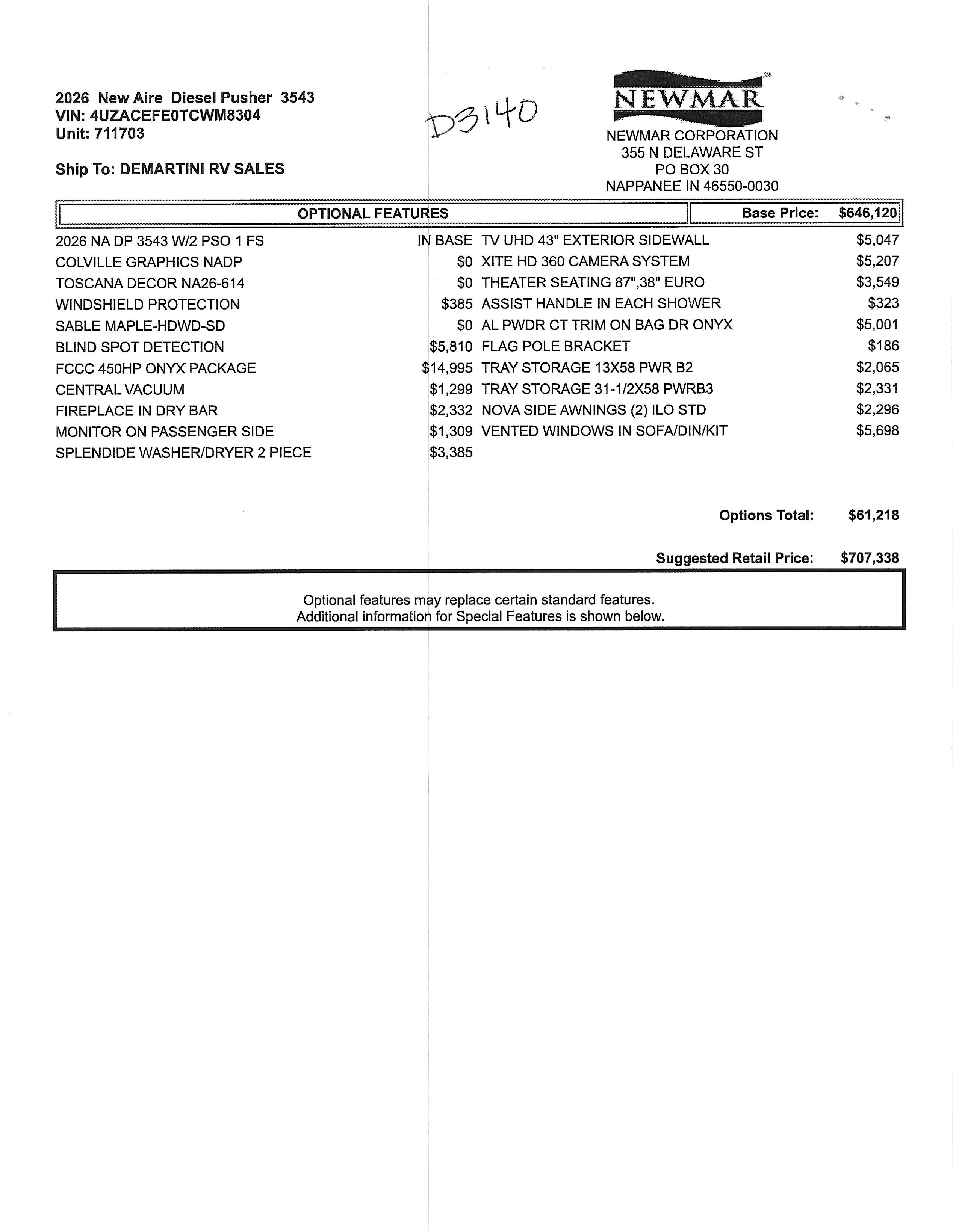 2026 Newmar New Aire 3543 MSRP Sheet