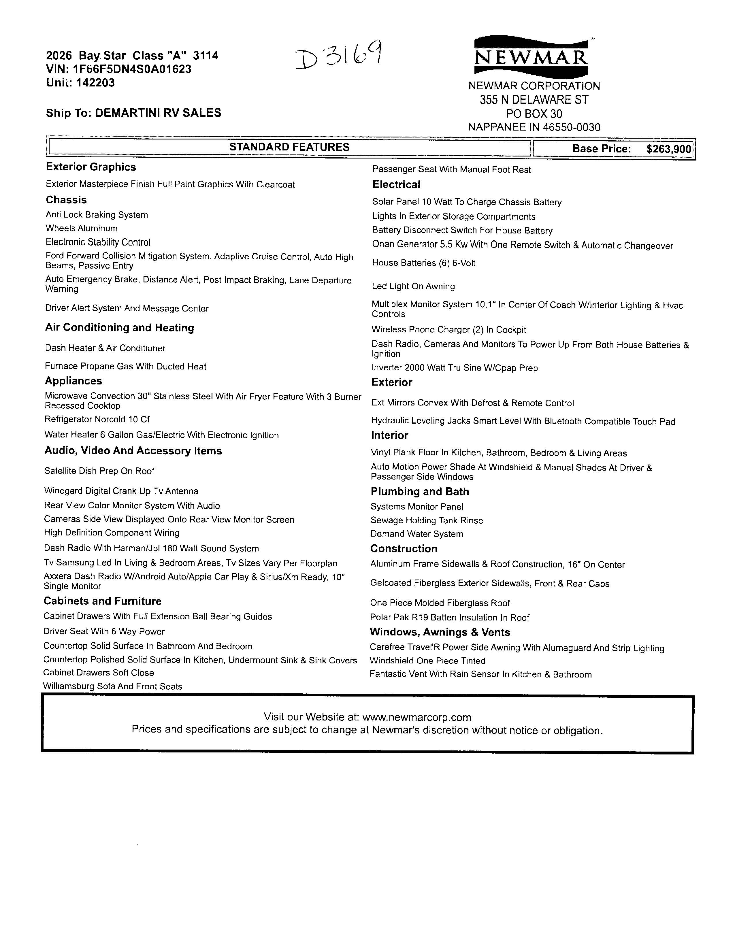 2016 Newmar Dutch Star 4002 MSRP Sheet