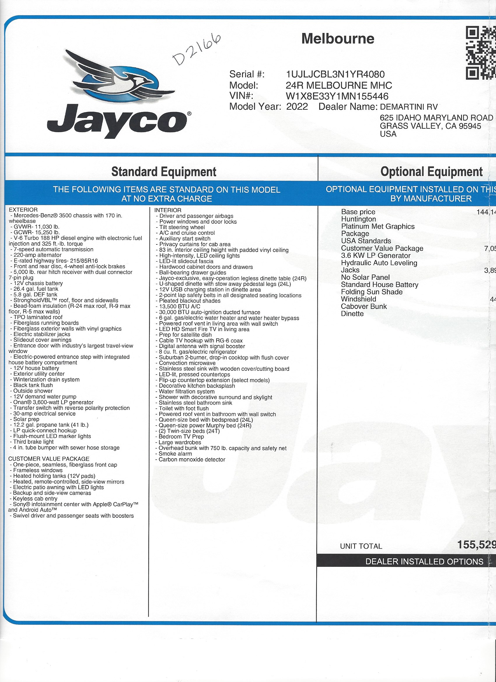 2022 Jayco Melbourne 24R MSRP Sheet
