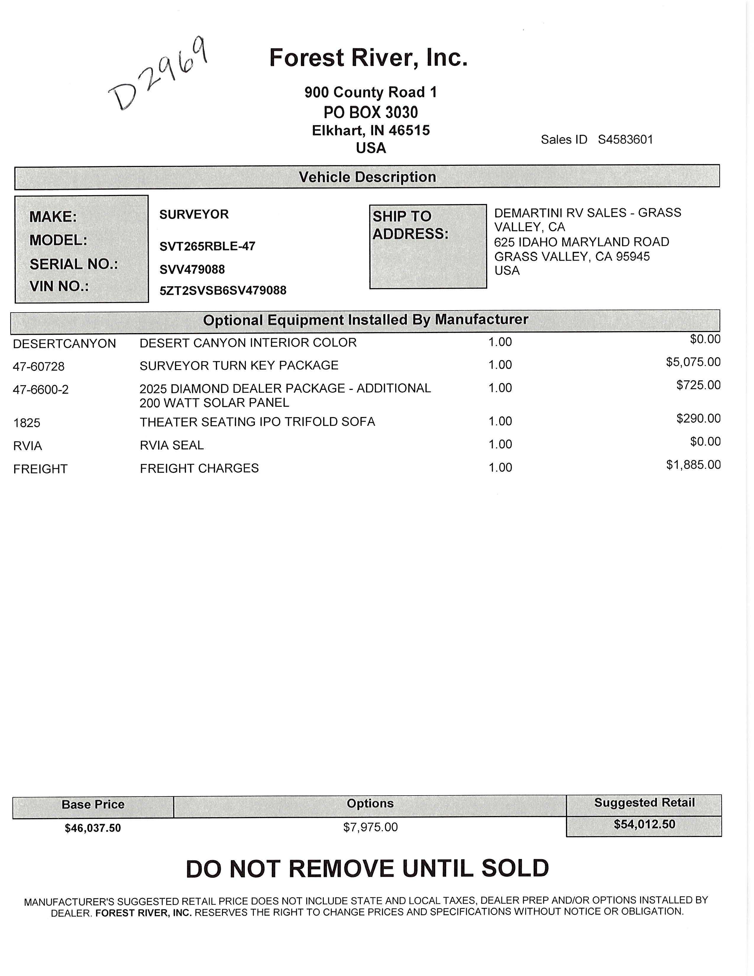 2025 Forest River Surveyor Legend 265RBLE MSRP Sheet