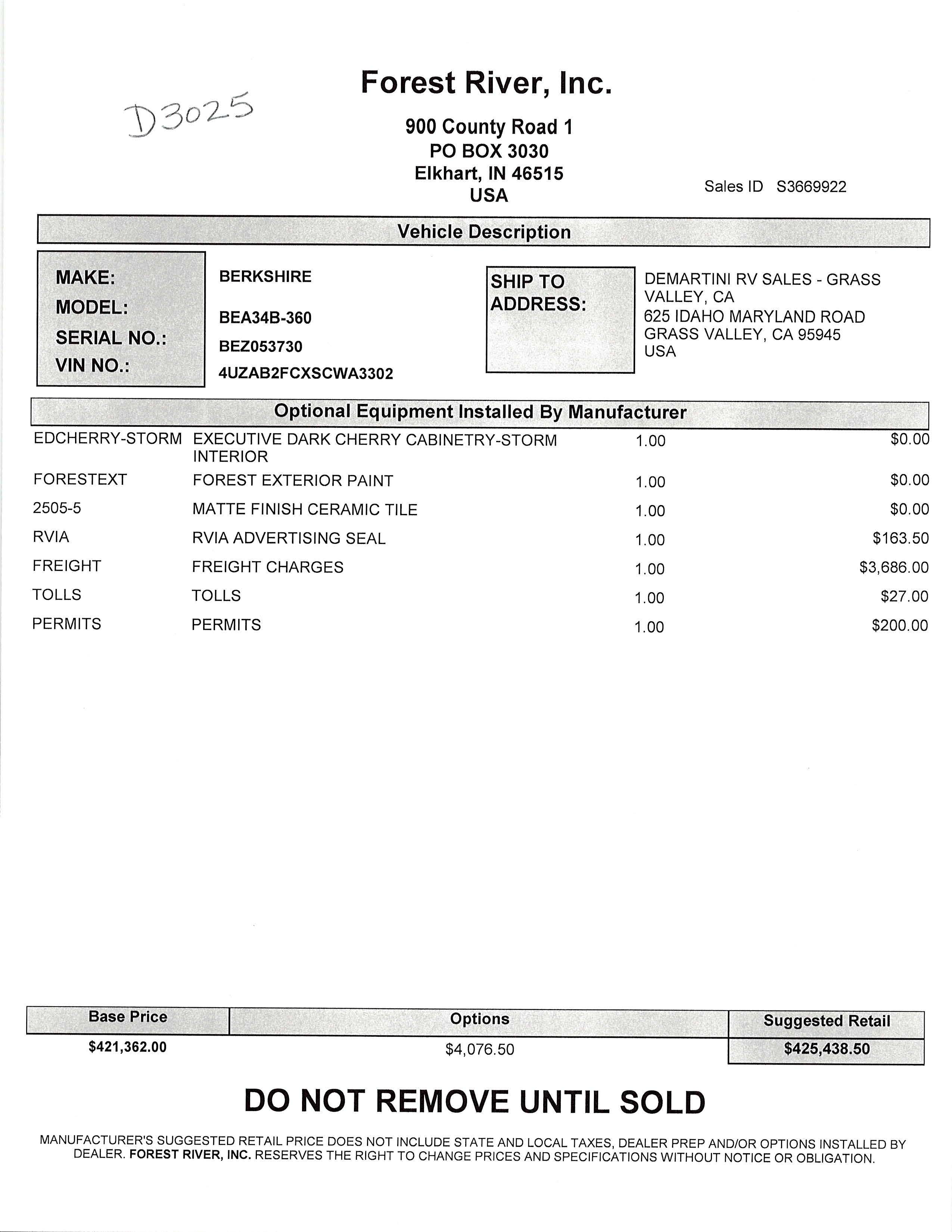 2025 Forest River Berkshire 34B MSRP Sheet