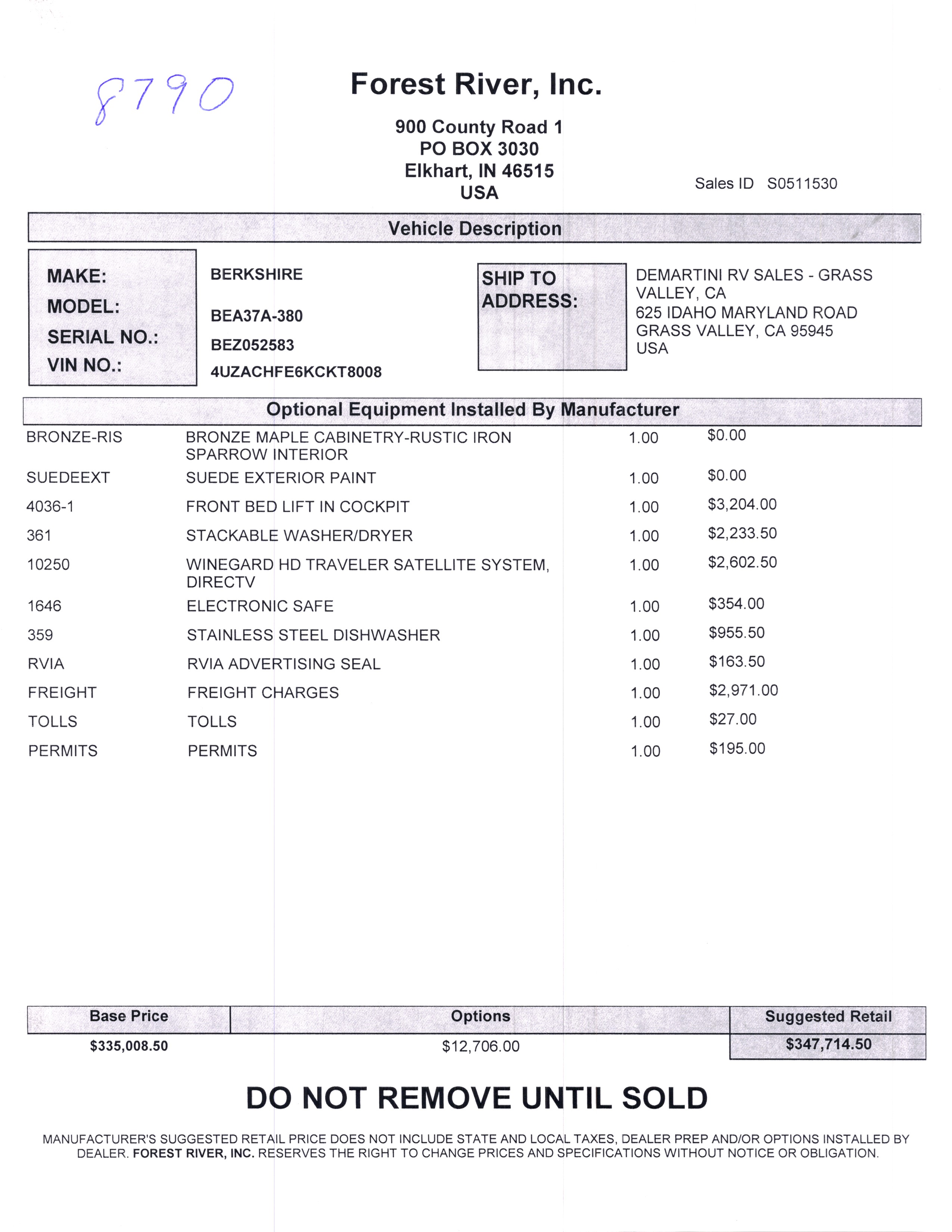 2019 Forest River Berkshire XL 37A MSRP Sheet