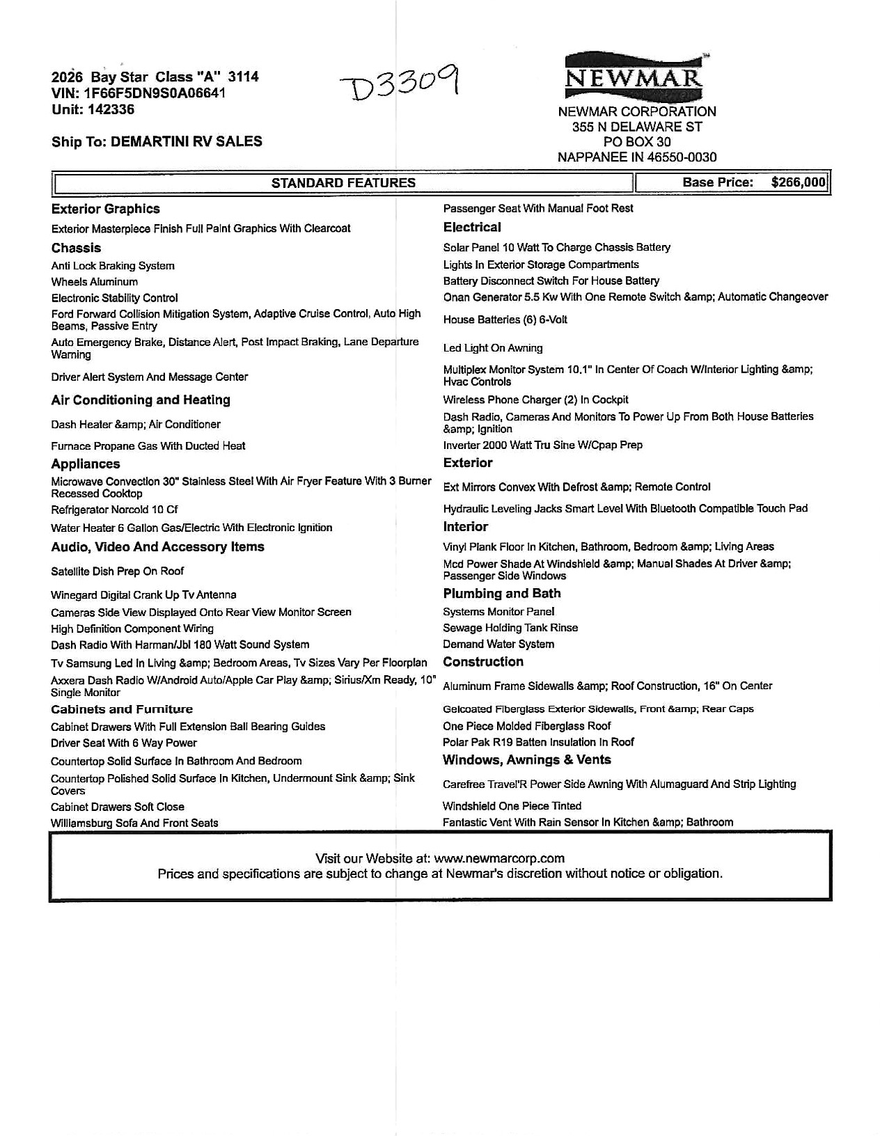 2026 Newmar Bay Star 3114 MSRP Sheet