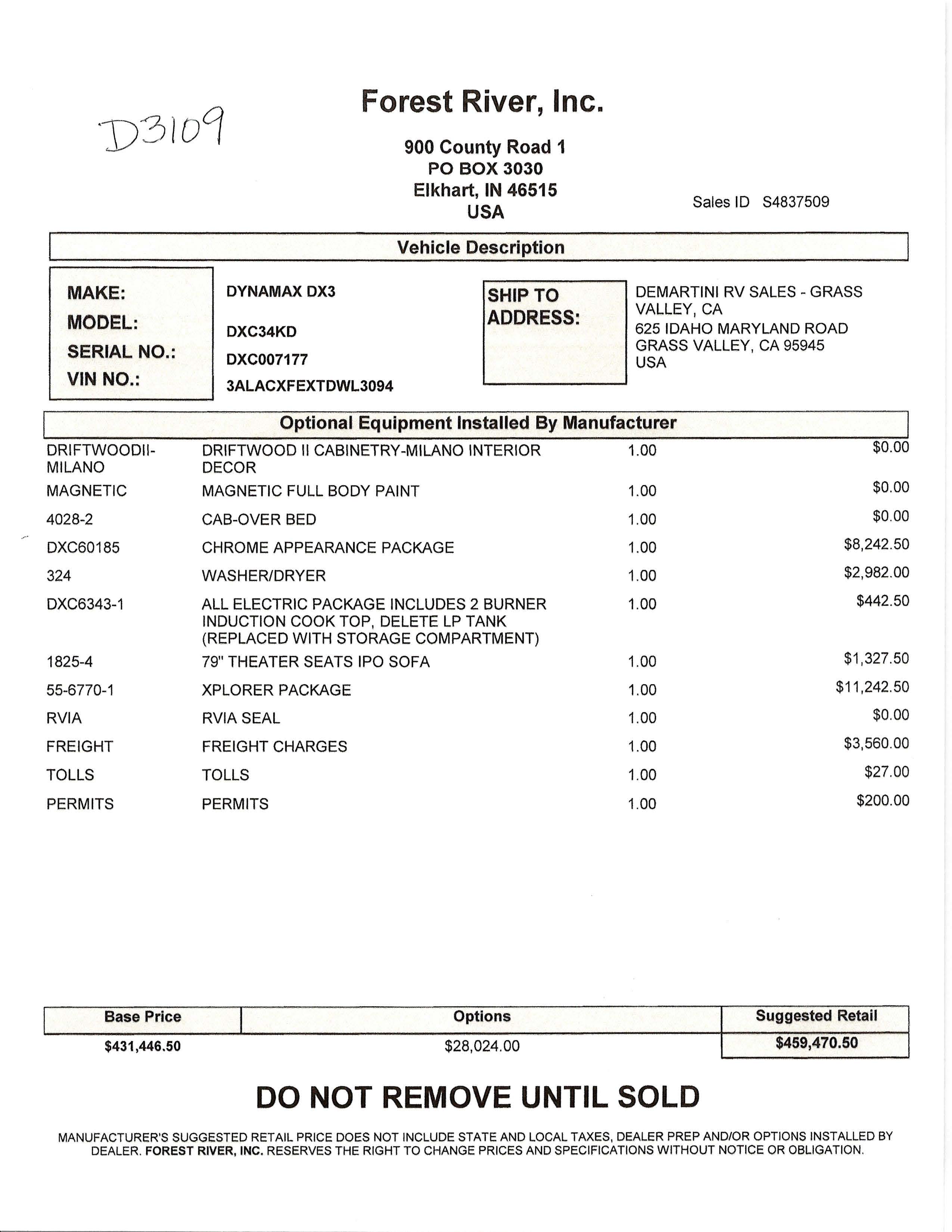 2026 Dynamax DX3 34KD MSRP Sheet