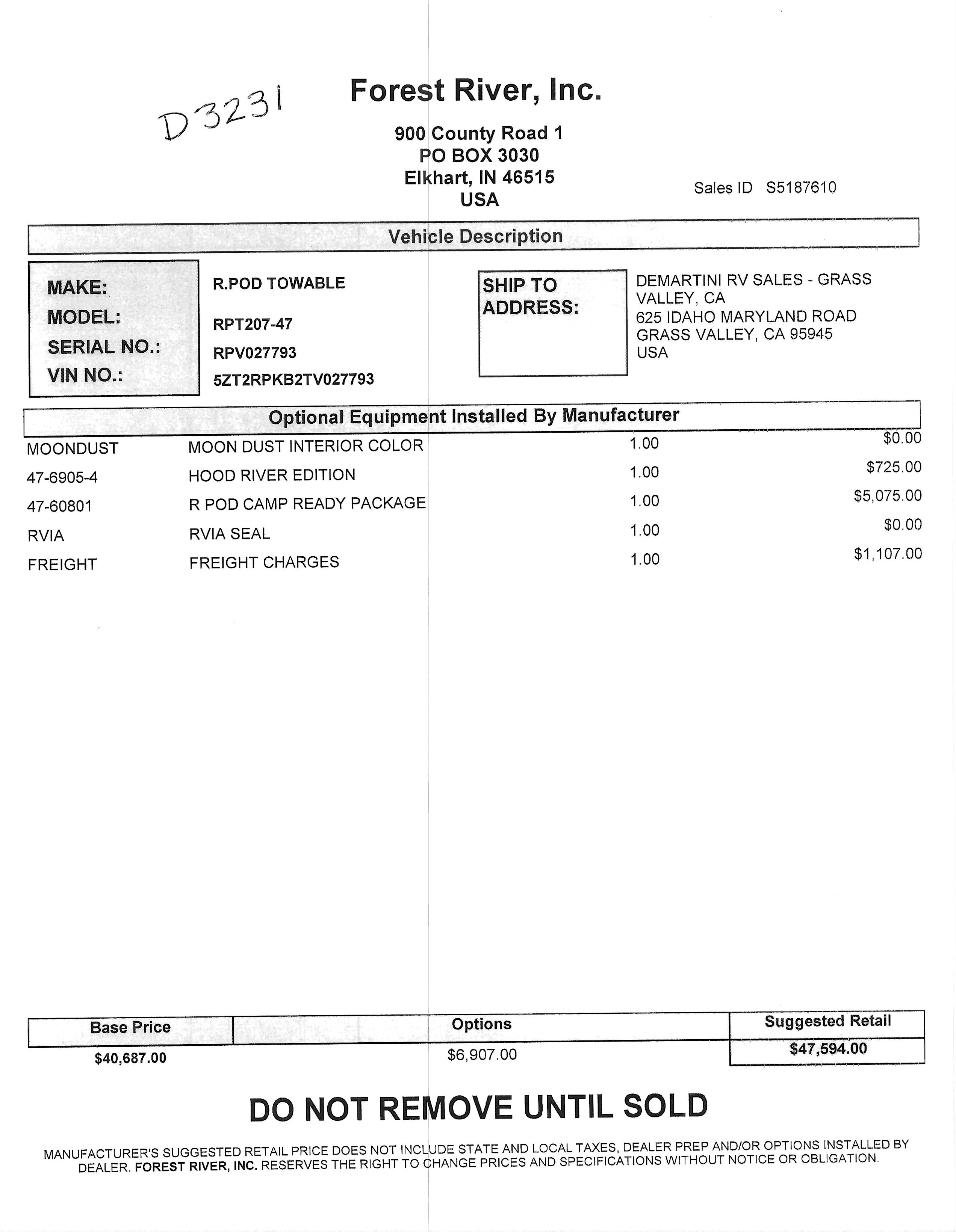 2026 Forest River R-Pod 207 MSRP Sheet