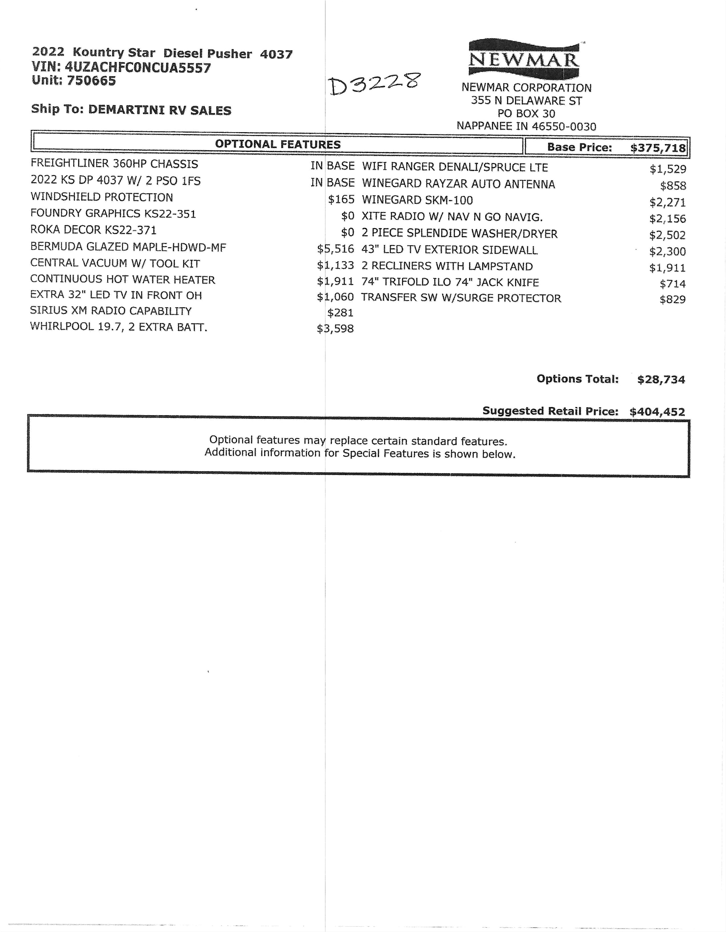 2022 Newmar Kountry Star 4037 MSRP Sheet