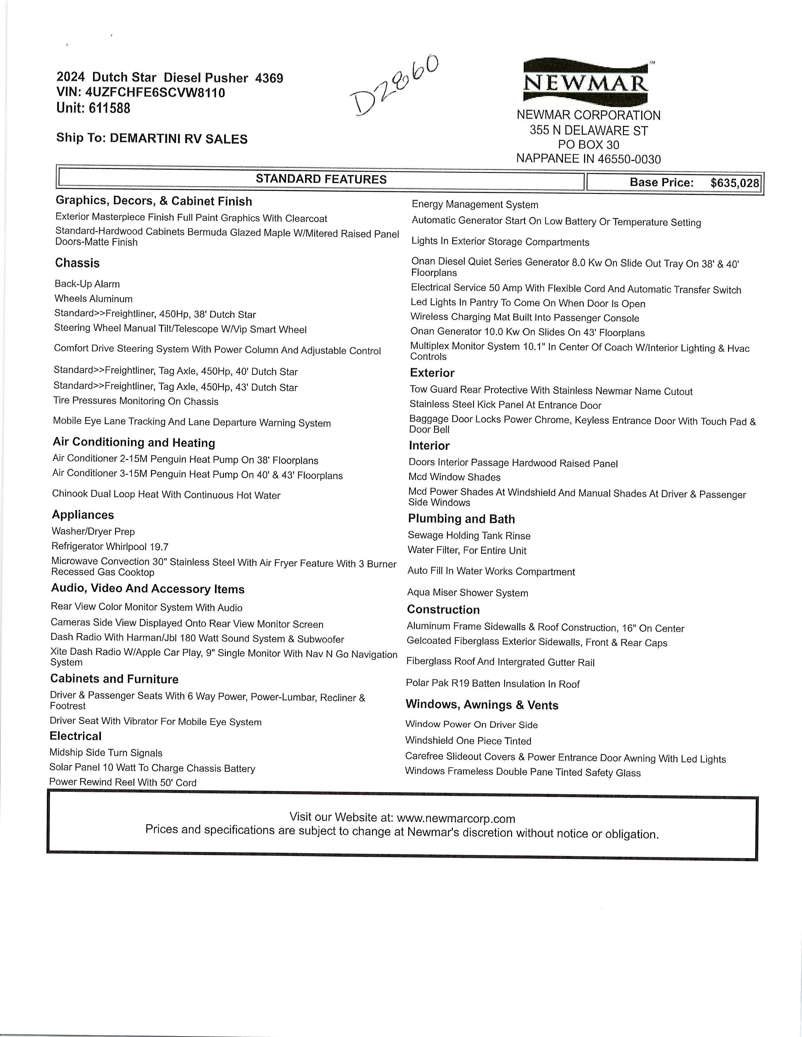 2024 Newmar Dutch Star 4369 MSRP Sheet