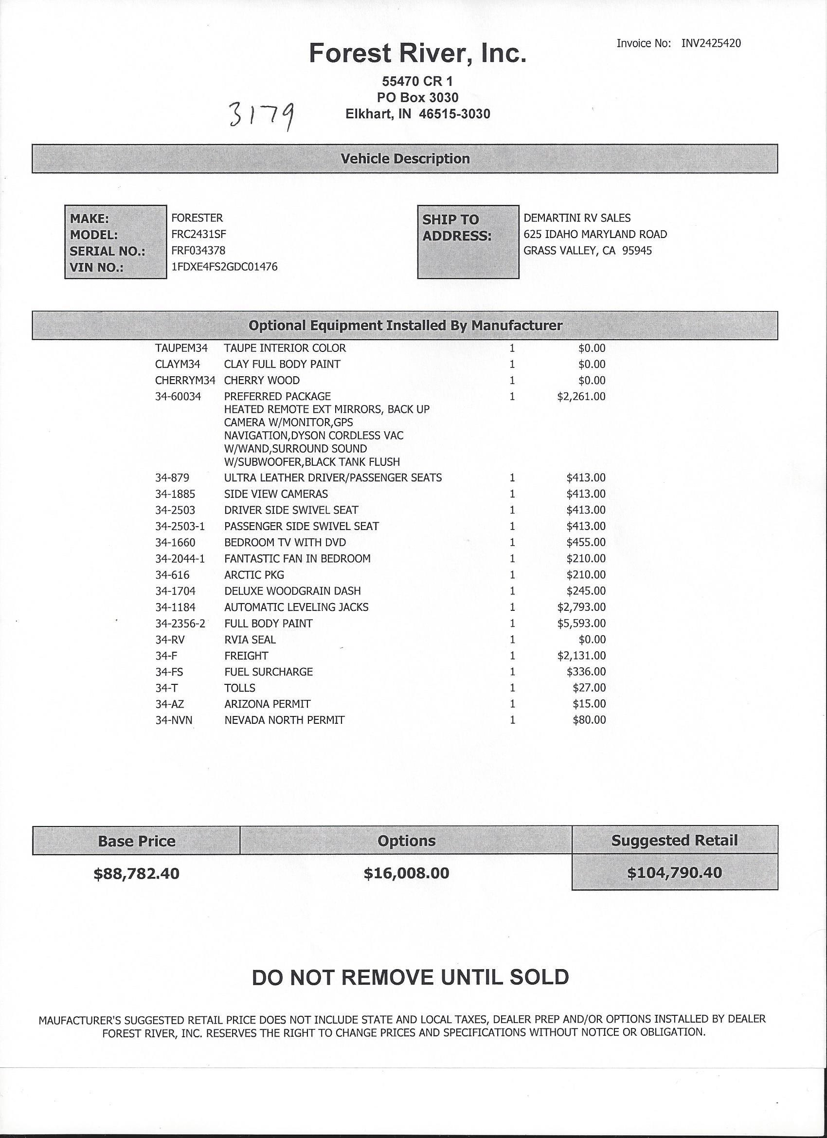 2016 Forest River Forester GTS 2431S MSRP Sheet