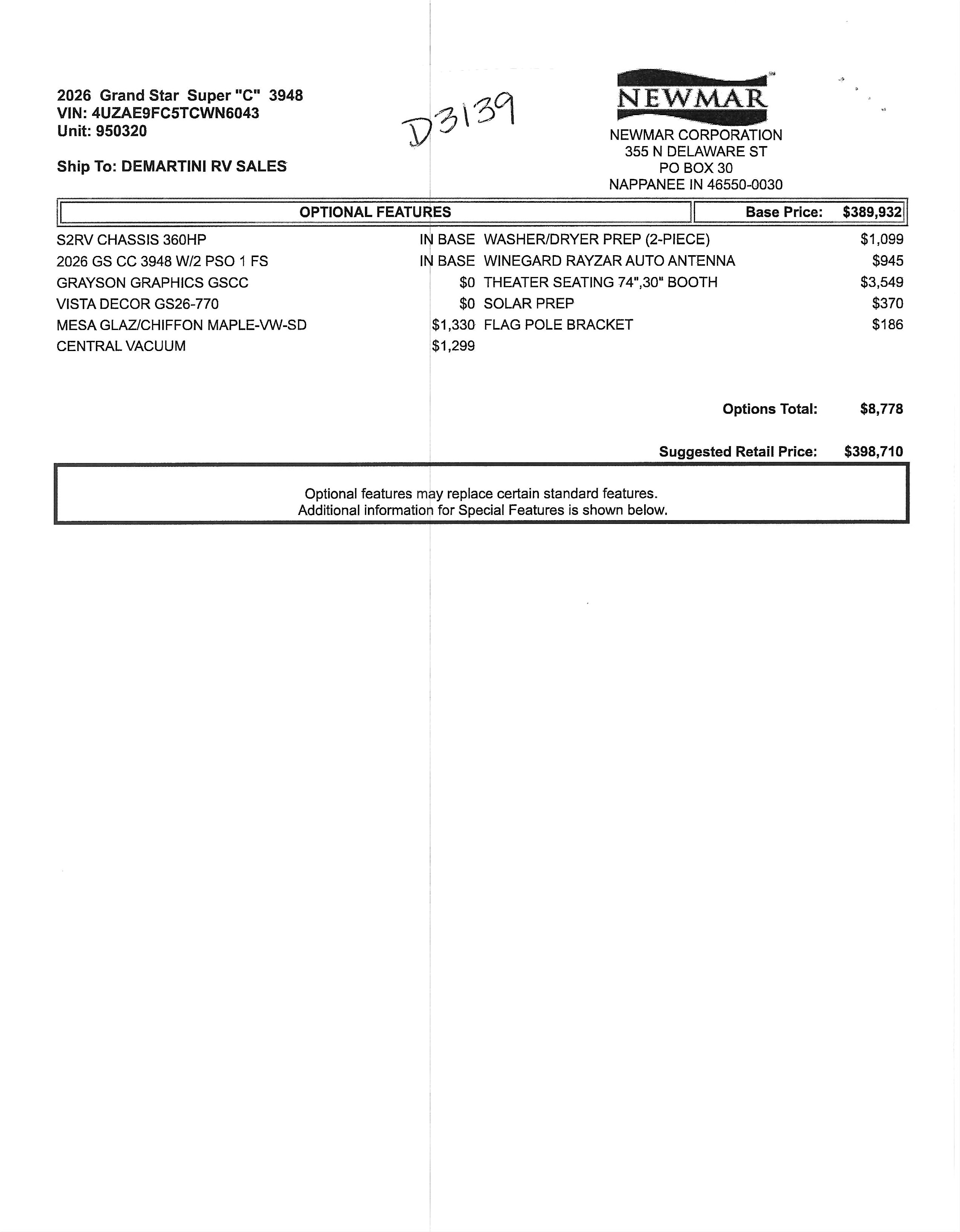 2026 Newmar Grand Star 3948 MSRP Sheet