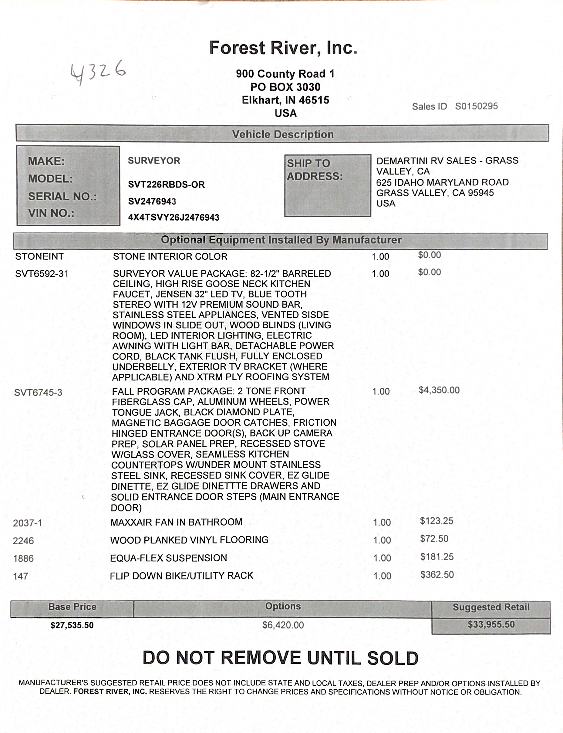 2018 Forest River Surveyor 226RBDS MSRP Sheet