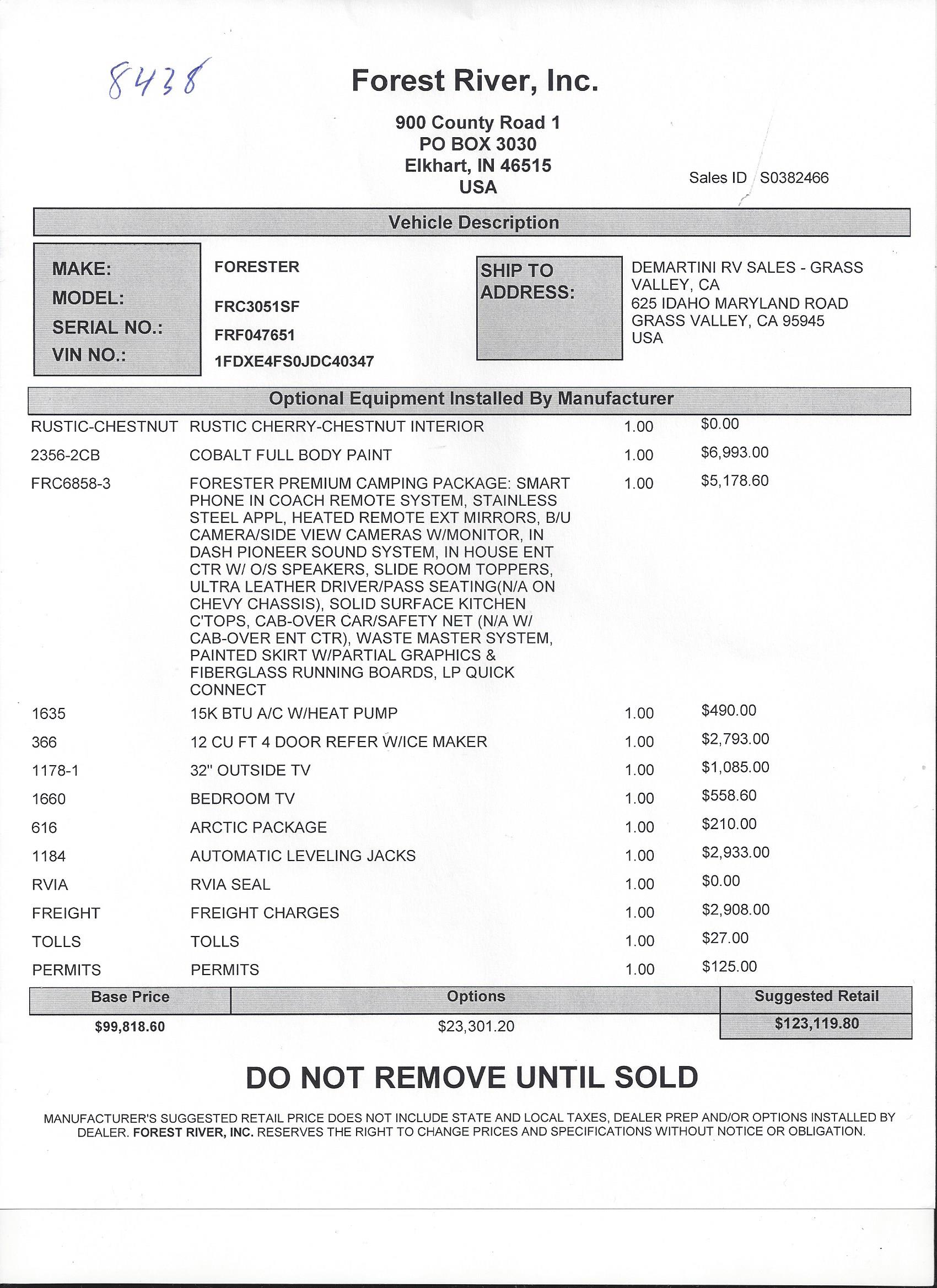 2019 Forest River Forester 3051SF MSRP Sheet