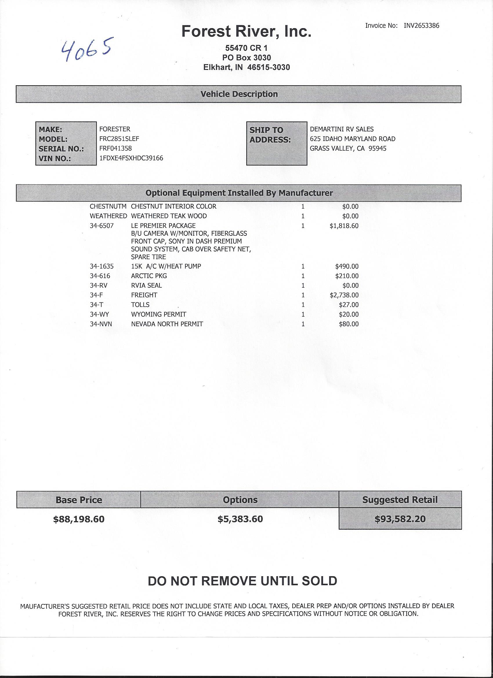 2018 Forest River Forester LE 2851SL MSRP Sheet